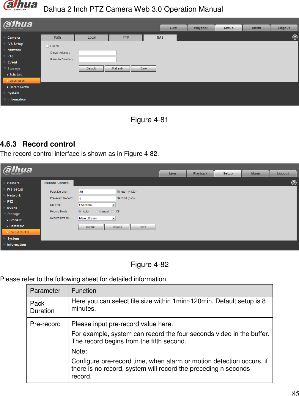  Dahua 2 Inch PTZ Camera Web 3.0 Operation Manual                                                                             85  Figure 4-81  4.6.3  Record control  The record control interface is shown as in Figure 4-82.  Figure 4-82 Please refer to the following sheet for detailed information.  Parameter  Function  Pack Duration Here you can select file size within 1min~120min. Default setup is 8 minutes. Pre-record  Please input pre-record value here.  For example, system can record the four seconds video in the buffer. The record begins from the fifth second.  Note: Configure pre-record time, when alarm or motion detection occurs, if there is no record, system will record the preceding n seconds record.   