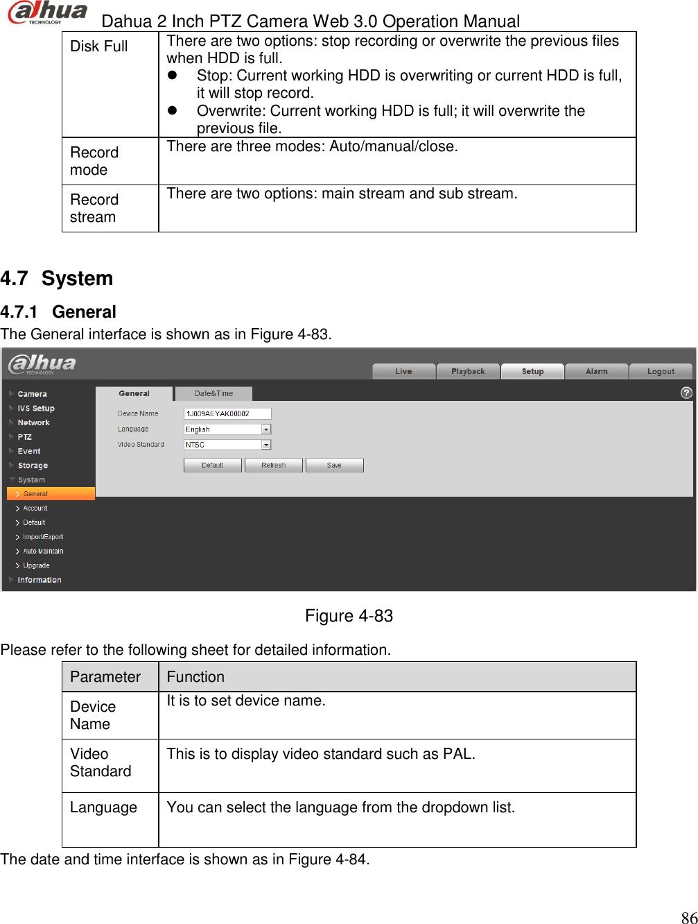  Dahua 2 Inch PTZ Camera Web 3.0 Operation Manual                                                                             86 Disk Full There are two options: stop recording or overwrite the previous files when HDD is full.   Stop: Current working HDD is overwriting or current HDD is full, it will stop record.    Overwrite: Current working HDD is full; it will overwrite the previous file. Record mode  There are three modes: Auto/manual/close.   Record stream  There are two options: main stream and sub stream.    4.7  System  4.7.1  General  The General interface is shown as in Figure 4-83.  Figure 4-83 Please refer to the following sheet for detailed information.  Parameter  Function  Device Name It is to set device name.  Video Standard This is to display video standard such as PAL.  Language  You can select the language from the dropdown list.  The date and time interface is shown as in Figure 4-84. 