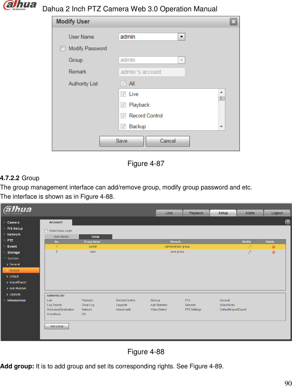  Dahua 2 Inch PTZ Camera Web 3.0 Operation Manual                                                                             90  Figure 4-87 4.7.2.2 Group The group management interface can add/remove group, modify group password and etc.  The interface is shown as in Figure 4-88.  Figure 4-88 Add group: It is to add group and set its corresponding rights. See Figure 4-89. 