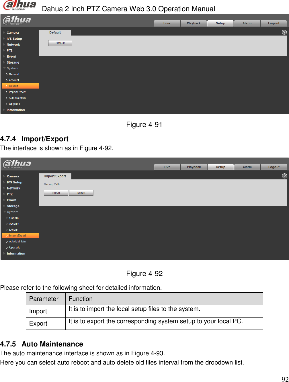  Dahua 2 Inch PTZ Camera Web 3.0 Operation Manual                                                                             92  Figure 4-91 4.7.4  Import/Export  The interface is shown as in Figure 4-92.  Figure 4-92 Please refer to the following sheet for detailed information.  Parameter  Function  Import It is to import the local setup files to the system. Export  It is to export the corresponding system setup to your local PC.   4.7.5  Auto Maintenance  The auto maintenance interface is shown as in Figure 4-93. Here you can select auto reboot and auto delete old files interval from the dropdown list. 