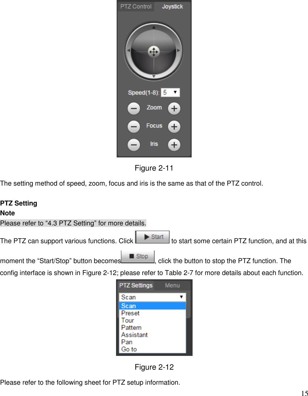                                                                              15  Figure 2-11 The setting method of speed, zoom, focus and iris is the same as that of the PTZ control.   PTZ Setting Note Please refer to “4.3 PTZ Setting” for more details. The PTZ can support various functions. Click   to start some certain PTZ function, and at this moment the “Start/Stop” button becomes , click the button to stop the PTZ function. The config interface is shown in Figure 2-12; please refer to Table 2-7 for more details about each function.  Figure 2-12 Please refer to the following sheet for PTZ setup information.  