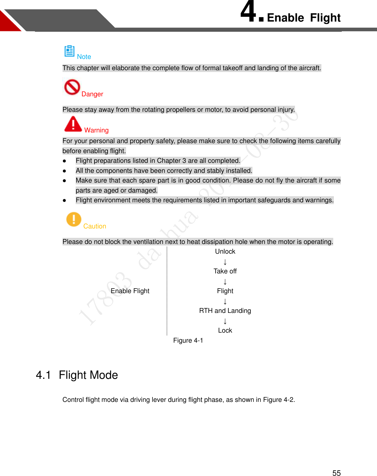  55 4. Enable  Flight Note This chapter will elaborate the complete flow of formal takeoff and landing of the aircraft. Danger Please stay away from the rotating propellers or motor, to avoid personal injury. Warning For your personal and property safety, please make sure to check the following items carefully before enabling flight.  Flight preparations listed in Chapter 3 are all completed.  All the components have been correctly and stably installed.  Make sure that each spare part is in good condition. Please do not fly the aircraft if some parts are aged or damaged.  Flight environment meets the requirements listed in important safeguards and warnings. Caution Please do not block the ventilation next to heat dissipation hole when the motor is operating. Enable Flight Unlock ↓ Take off ↓ Flight ↓ RTH and Landing ↓ Lock Figure 4-1 4.1  Flight Mode Control flight mode via driving lever during flight phase, as shown in Figure 4-2.  