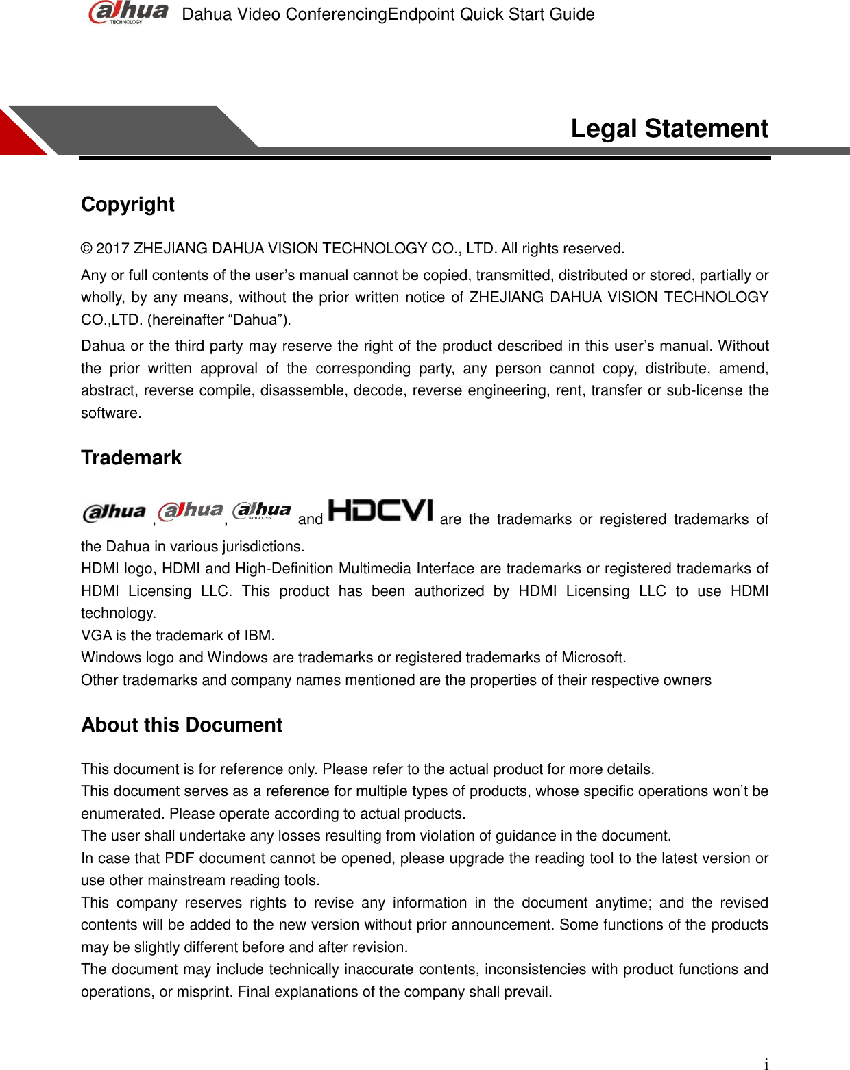 Page 2 of Zhejiang Dahua Vision Technology VCS-TS20A0 VIDEO CONFERENCING ENDPOINT User Manual