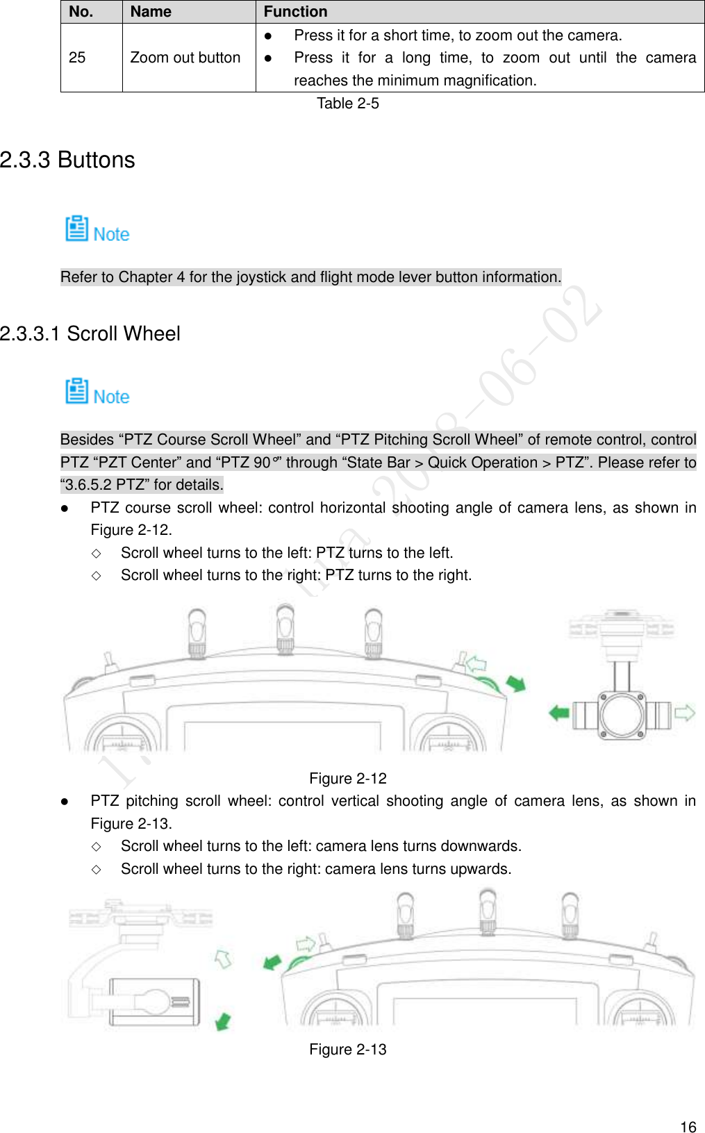  16 No. Name Function   25 Zoom out button  Press it for a short time, to zoom out the camera.    Press  it  for  a  long  time,  to  zoom  out  until  the  camera reaches the minimum magnification. Table 2-5 2.3.3 Buttons  Refer to Chapter 4 for the joystick and flight mode lever button information. 2.3.3.1 Scroll Wheel  Besides “PTZ Course Scroll Wheel” and “PTZ Pitching Scroll Wheel” of remote control, control PTZ “PZT Center” and “PTZ 90°” through “State Bar &gt; Quick Operation &gt; PTZ”. Please refer to “3.6.5.2 PTZ” for details.  PTZ course scroll wheel: control horizontal shooting angle of camera lens, as shown in Figure 2-12.  Scroll wheel turns to the left: PTZ turns to the left.  Scroll wheel turns to the right: PTZ turns to the right.  Figure 2-12  PTZ  pitching  scroll  wheel:  control  vertical  shooting angle  of  camera  lens,  as  shown  in Figure 2-13.  Scroll wheel turns to the left: camera lens turns downwards.  Scroll wheel turns to the right: camera lens turns upwards.  Figure 2-13 