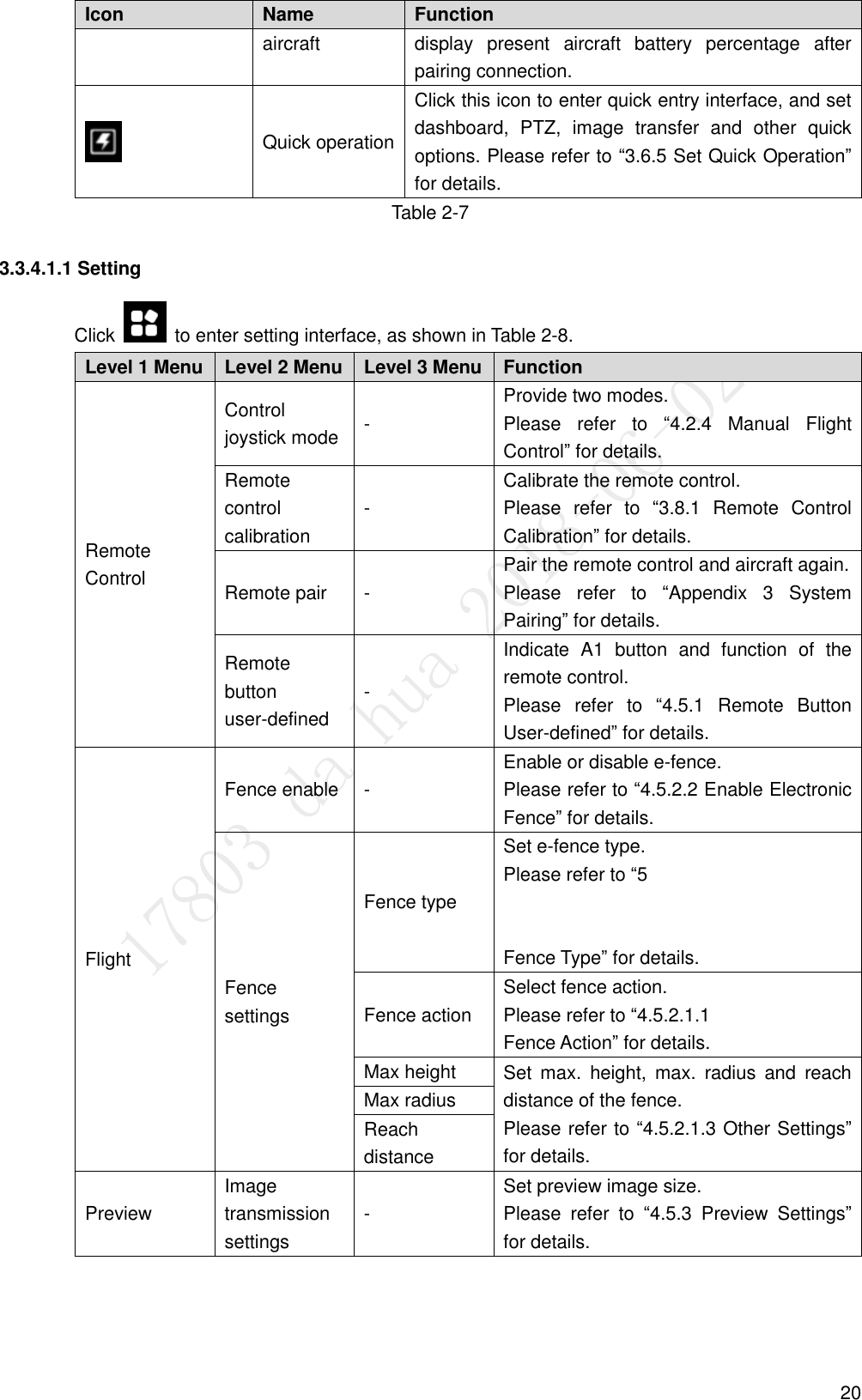 20 Icon   Name   Function   aircraft display  present  aircraft  battery  percentage  after pairing connection.  Quick operation Click this icon to enter quick entry interface, and set dashboard,  PTZ,  image  transfer  and  other  quick options. Please refer to “3.6.5 Set Quick Operation” for details. Table 2-7 3.3.4.1.1 Setting Click    to enter setting interface, as shown in Table 2-8. Level 1 Menu Level 2 Menu Level 3 Menu Function Remote Control Control joystick mode   - Provide two modes. Please  refer  to  “4.2.4  Manual  Flight Control” for details. Remote control calibration   - Calibrate the remote control.   Please  refer  to  “3.8.1  Remote  Control Calibration” for details. Remote pair   - Pair the remote control and aircraft again. Please  refer  to  “Appendix  3  System Pairing” for details. Remote button user-defined - Indicate  A1  button  and  function  of  the remote control. Please  refer  to  “4.5.1  Remote  Button User-defined” for details. Flight Fence enable - Enable or disable e-fence.   Please refer to “4.5.2.2 Enable Electronic Fence” for details. Fence settings Fence type Set e-fence type. Please refer to “5     Fence Type” for details. Fence action Select fence action. Please refer to “4.5.2.1.1   Fence Action” for details. Max height Set  max.  height,  max.  radius  and  reach distance of the fence. Please refer to “4.5.2.1.3 Other Settings” for details. Max radius Reach distance Preview Image transmission settings - Set preview image size. Please  refer  to  “4.5.3  Preview  Settings” for details. 