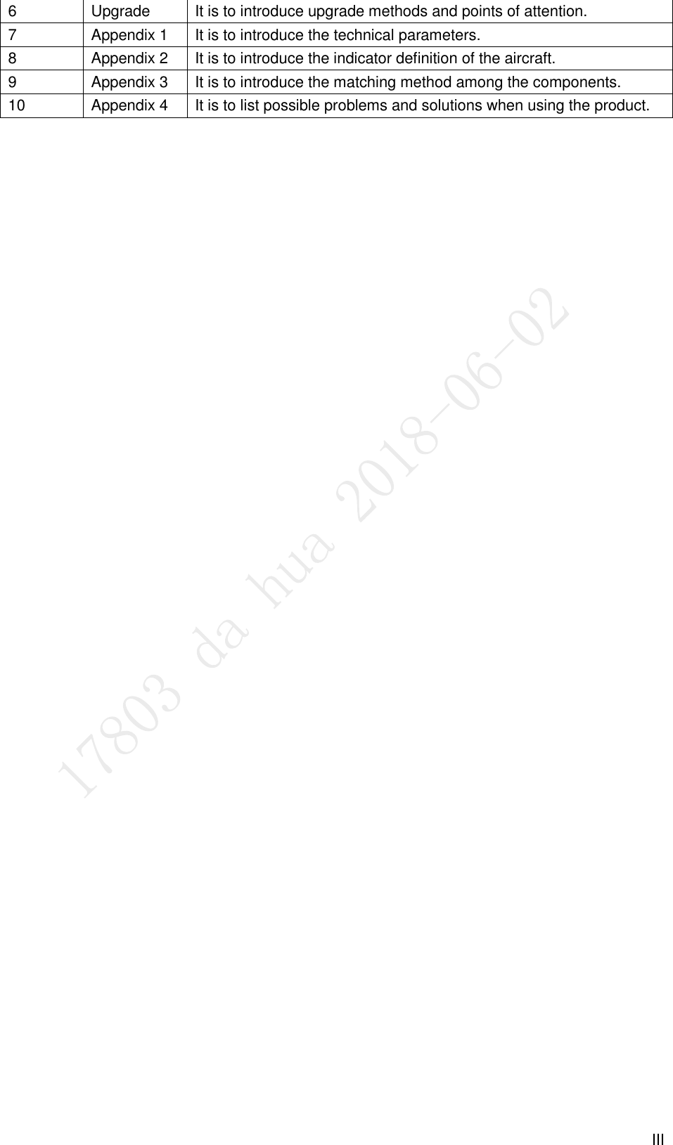  III 6 Upgrade It is to introduce upgrade methods and points of attention. 7 Appendix 1 It is to introduce the technical parameters. 8 Appendix 2 It is to introduce the indicator definition of the aircraft. 9 Appendix 3 It is to introduce the matching method among the components. 10 Appendix 4 It is to list possible problems and solutions when using the product. 