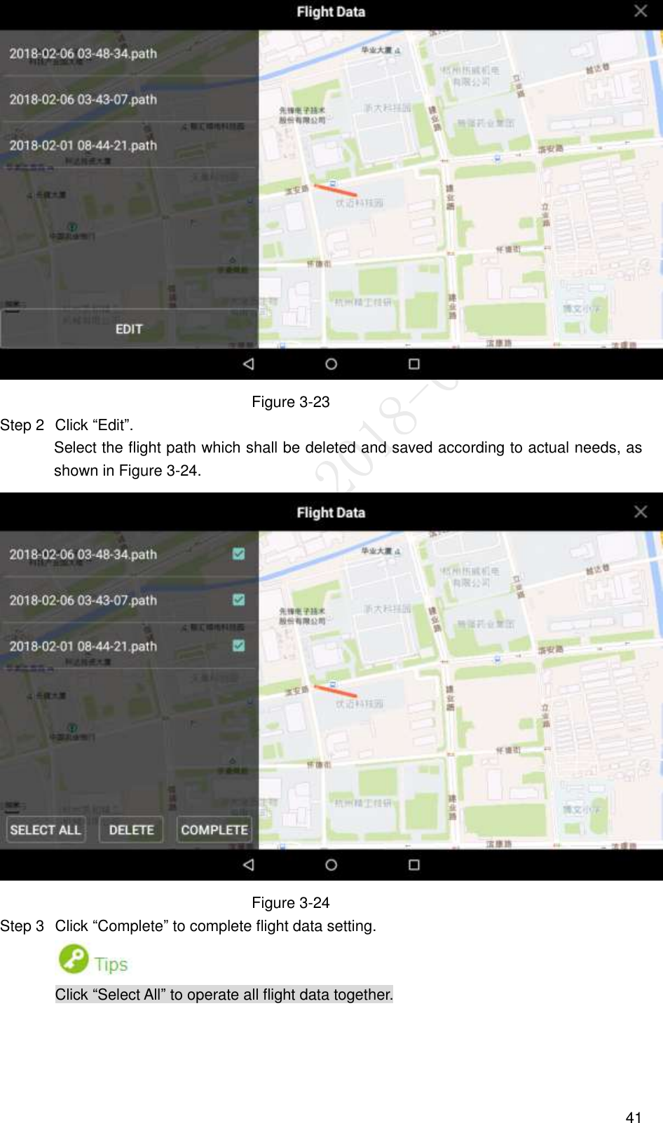  41  Figure 3-23   Click “Edit”. Step 2Select the flight path which shall be deleted and saved according to actual needs, as shown in Figure 3-24.  Figure 3-24   Click “Complete” to complete flight data setting. Step 3 Click “Select All” to operate all flight data together. 