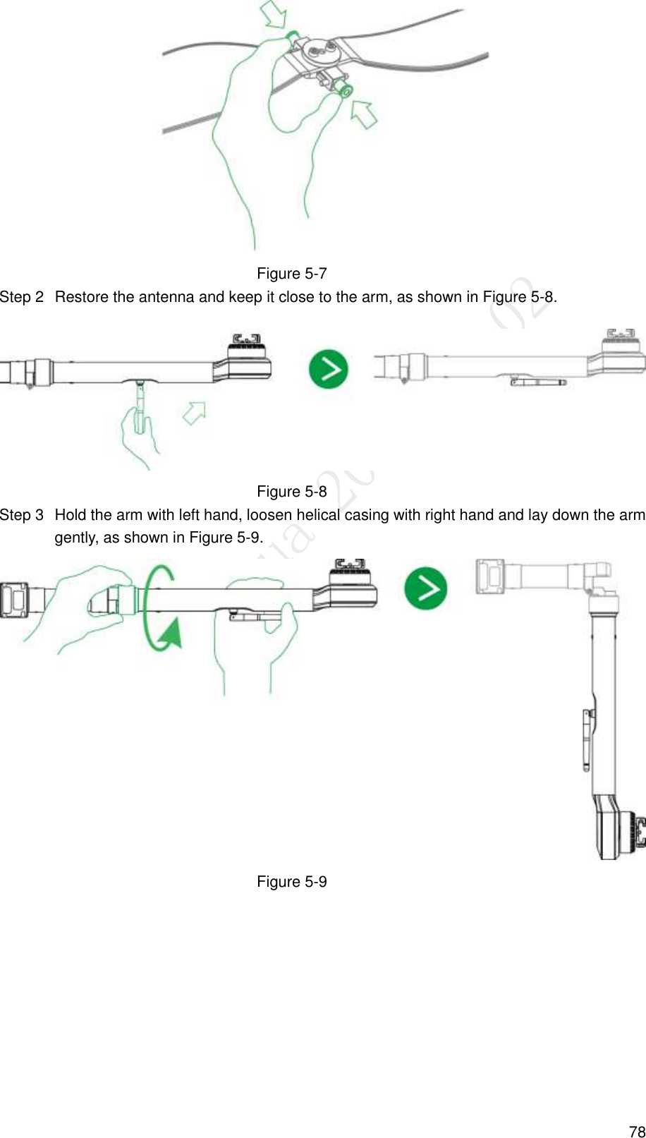  78  Figure 5-7   Restore the antenna and keep it close to the arm, as shown in Figure 5-8. Step 2 Figure 5-8   Hold the arm with left hand, loosen helical casing with right hand and lay down the arm Step 3gently, as shown in Figure 5-9.  Figure 5-9 
