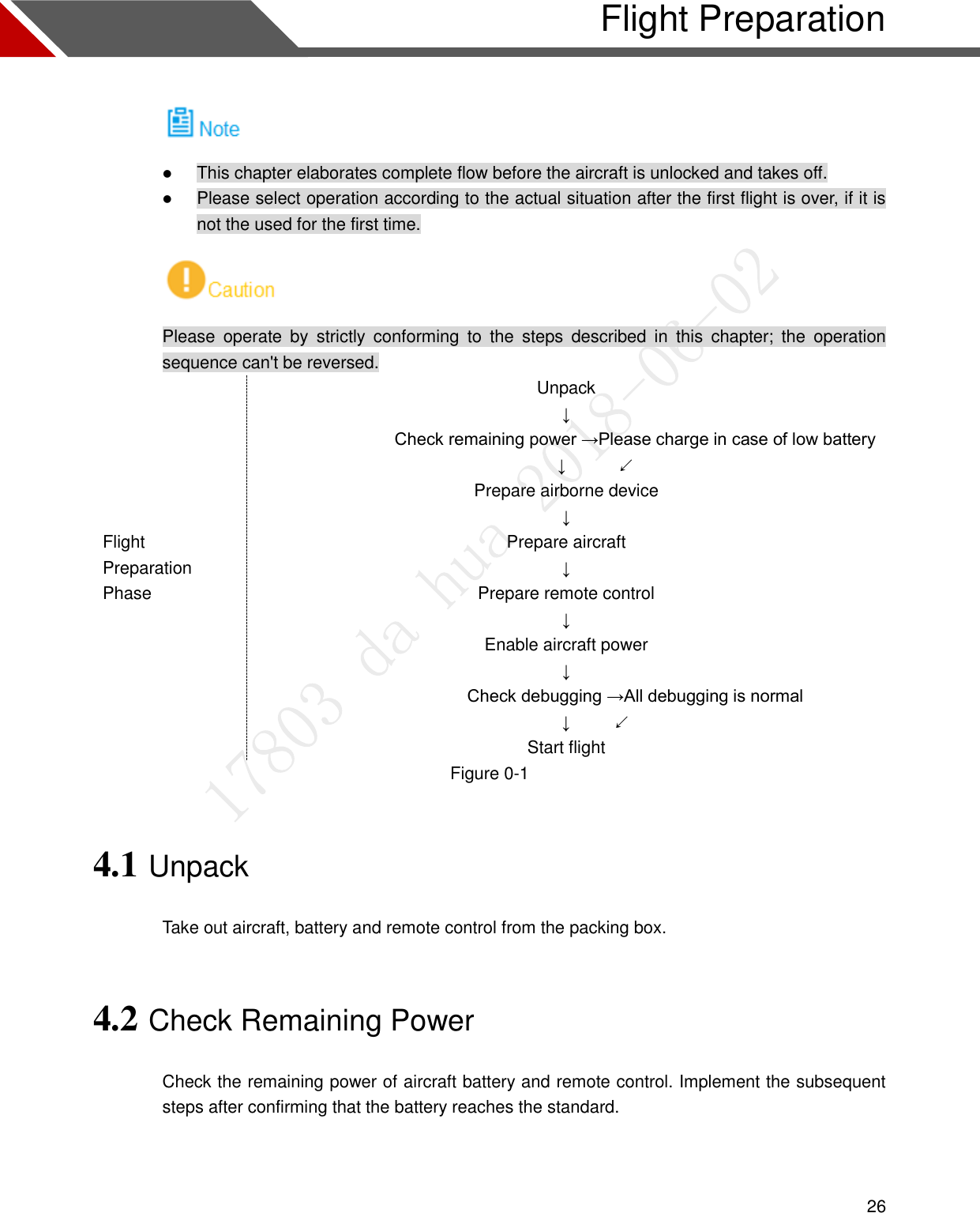  26 Flight Preparation   This chapter elaborates complete flow before the aircraft is unlocked and takes off.  Please select operation according to the actual situation after the first flight is over, if it is not the used for the first time.  Please  operate  by  strictly  conforming  to  the  steps  described  in  this  chapter;  the  operation sequence can&apos;t be reversed. Flight Preparation Phase Unpack ↓                 Check remaining power →Please charge in case of low battery        ↓      ↙ Prepare airborne device ↓ Prepare aircraft ↓ Prepare remote control ↓ Enable aircraft power ↓                 Check debugging →All debugging is normal        ↓          ↙ Start flight Figure 0-1 4.1 Unpack Take out aircraft, battery and remote control from the packing box. 4.2 Check Remaining Power Check the remaining power of aircraft battery and remote control. Implement the subsequent steps after confirming that the battery reaches the standard.  