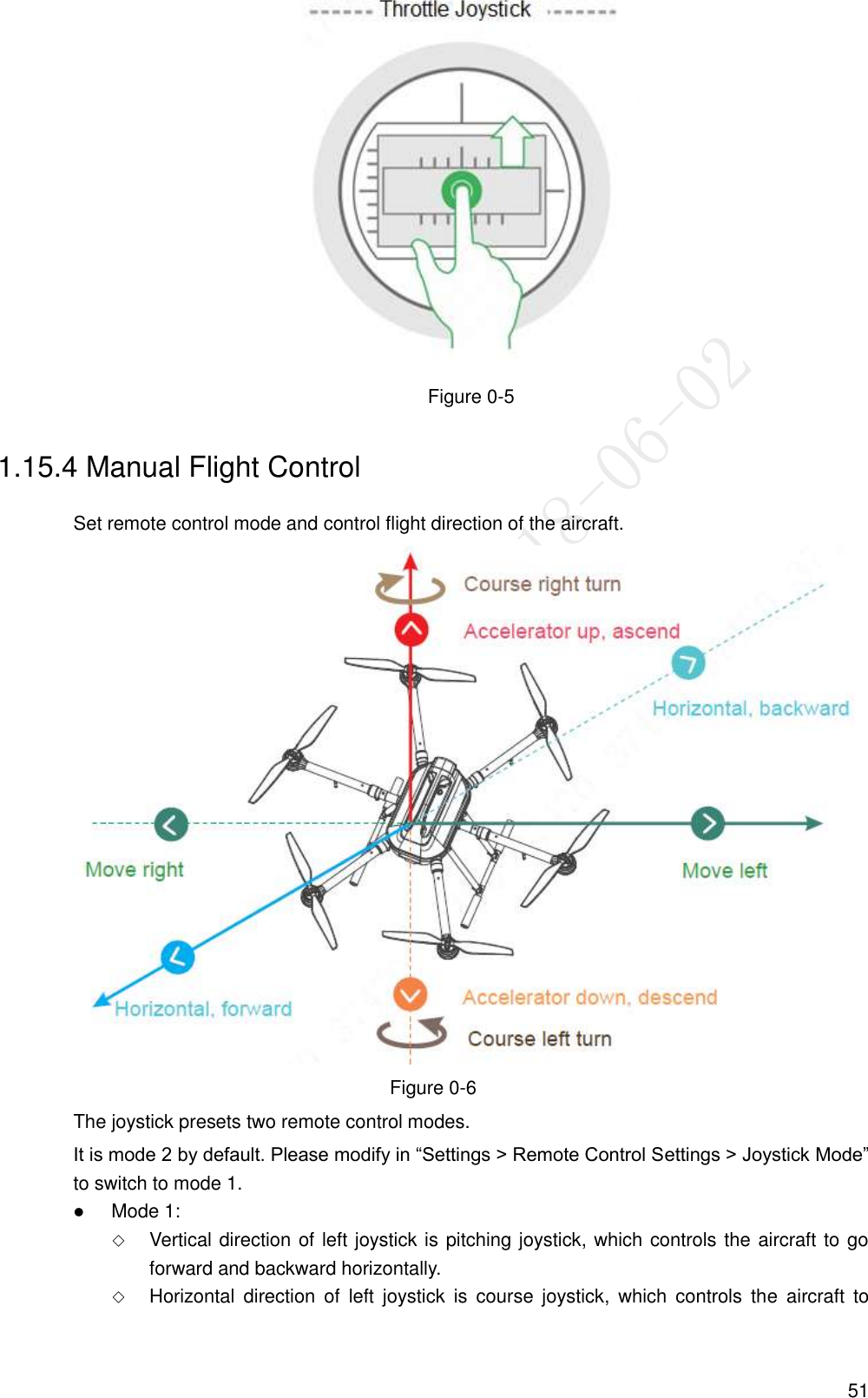  51  Figure 0-5 1.15.4 Manual Flight Control Set remote control mode and control flight direction of the aircraft.  Figure 0-6 The joystick presets two remote control modes. It is mode 2 by default. Please modify in “Settings &gt; Remote Control Settings &gt; Joystick Mode” to switch to mode 1.  Mode 1:  Vertical direction of left joystick is pitching joystick, which controls the aircraft to go forward and backward horizontally.  Horizontal  direction  of  left  joystick  is  course  joystick,  which  controls  the  aircraft  to 
