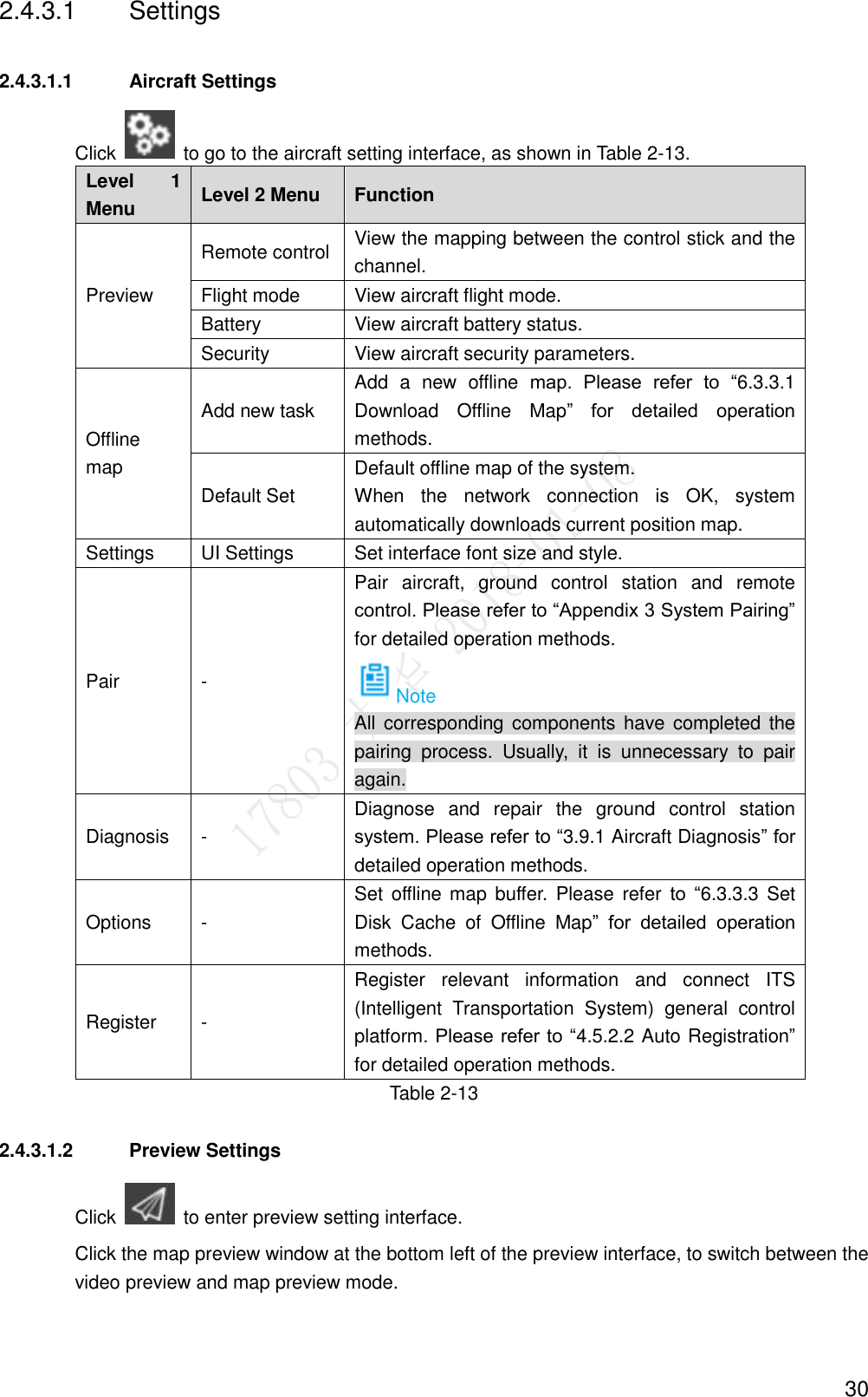  30 2.4.3.1  Settings 2.4.3.1.1  Aircraft Settings Click    to go to the aircraft setting interface, as shown in Table 2-13. Level  1 Menu Level 2 Menu Function   Preview   Remote control   View the mapping between the control stick and the channel. Flight mode   View aircraft flight mode.   Battery   View aircraft battery status. Security   View aircraft security parameters. Offline map   Add new task   Add  a  new  offline  map.  Please  refer  to  “6.3.3.1 Download  Offline  Map”  for  detailed  operation methods. Default Set Default offline map of the system. When  the  network  connection  is  OK,  system automatically downloads current position map. Settings UI Settings Set interface font size and style.   Pair   - Pair  aircraft,  ground  control  station  and  remote control. Please refer to “Appendix 3 System Pairing” for detailed operation methods. Note All corresponding components  have  completed  the pairing  process.  Usually,  it  is  unnecessary  to  pair again. Diagnosis   - Diagnose  and  repair  the  ground  control  station system. Please refer to “3.9.1 Aircraft Diagnosis” for detailed operation methods. Options   - Set  offline map  buffer. Please  refer  to  “6.3.3.3 Set Disk  Cache  of  Offline  Map”  for  detailed  operation methods. Register - Register  relevant  information  and  connect  ITS (Intelligent  Transportation  System)  general  control platform. Please refer to “4.5.2.2 Auto Registration” for detailed operation methods. Table 2-13 2.4.3.1.2  Preview Settings Click    to enter preview setting interface.   Click the map preview window at the bottom left of the preview interface, to switch between the video preview and map preview mode. 