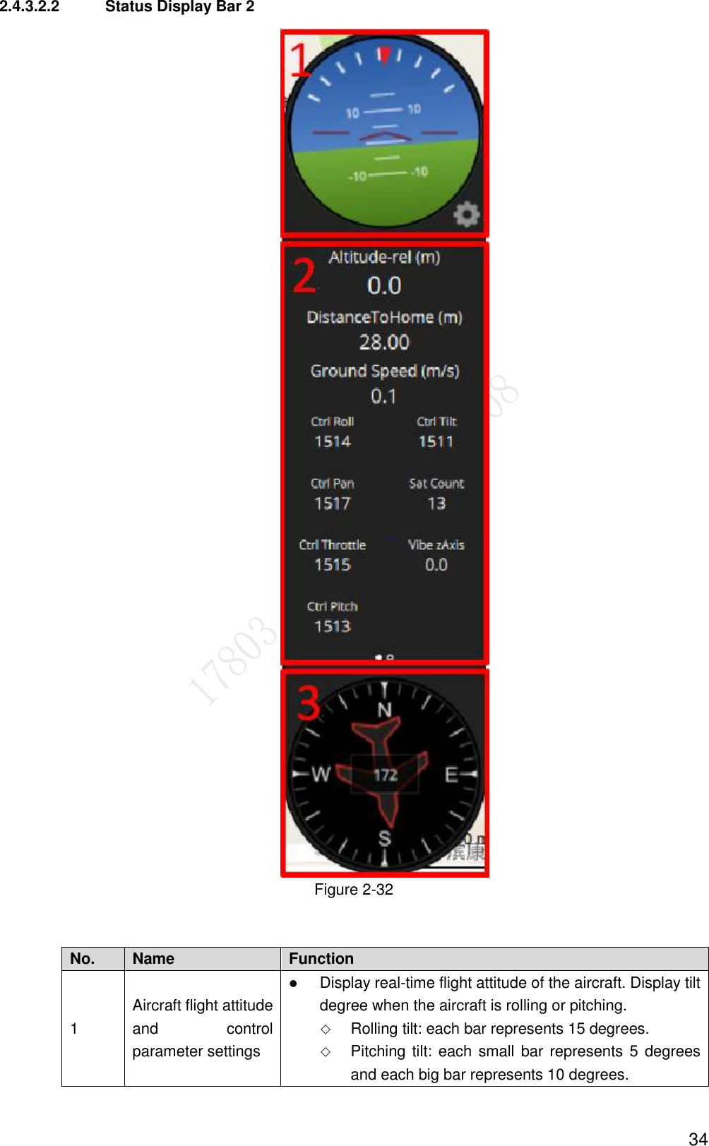  34 2.4.3.2.2  Status Display Bar 2  Figure 2-32   No. Name   Function   1 Aircraft flight attitude and  control parameter settings  Display real-time flight attitude of the aircraft. Display tilt degree when the aircraft is rolling or pitching.  Rolling tilt: each bar represents 15 degrees.    Pitching tilt: each small bar represents 5  degrees and each big bar represents 10 degrees. 