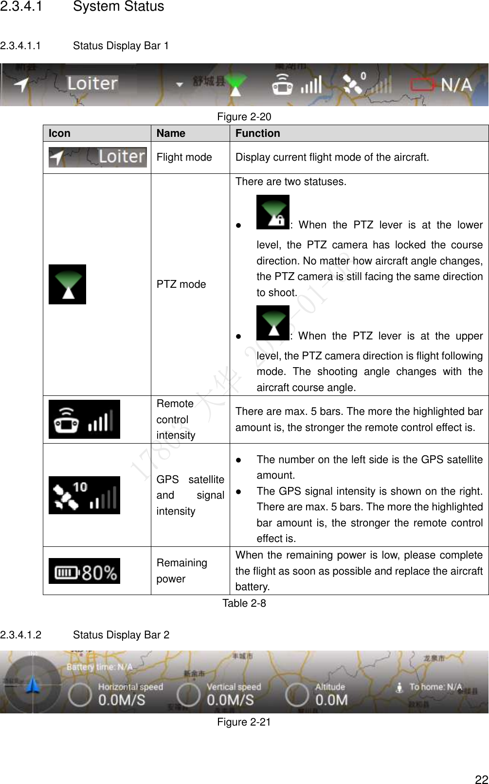  22 2.3.4.1  System Status 2.3.4.1.1  Status Display Bar 1  Figure 2-20 Icon   Name   Function    Flight mode Display current flight mode of the aircraft.  PTZ mode   There are two statuses.  :  When  the  PTZ  lever  is  at  the  lower level,  the  PTZ  camera  has  locked  the  course direction. No matter how aircraft angle changes, the PTZ camera is still facing the same direction to shoot.  :  When  the  PTZ  lever  is  at  the  upper level, the PTZ camera direction is flight following mode.  The  shooting  angle  changes  with  the aircraft course angle.  Remote control intensity   There are max. 5 bars. The more the highlighted bar amount is, the stronger the remote control effect is.  GPS  satellite and  signal intensity    The number on the left side is the GPS satellite amount.    The GPS signal intensity is shown on the right. There are max. 5 bars. The more the highlighted bar amount is, the stronger the remote control effect is.  Remaining power   When the remaining power is low, please complete the flight as soon as possible and replace the aircraft battery. Table 2-8 2.3.4.1.2  Status Display Bar 2  Figure 2-21 