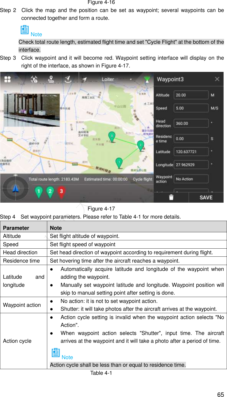  65 Figure 4-16                 Step  2  Click  the map  and  the  position can be set as  waypoint; several waypoints can be connected together and form a route. Note Check total route length, estimated flight time and set &quot;Cycle Flight&quot; at the bottom of the interface.                 Step 3  Click waypoint and it will become red. Waypoint setting interface will display on the right of the interface, as shown in Figure 4-17.  Figure 4-17                 Step 4  Set waypoint parameters. Please refer to Table 4-1 for more details. Parameter Note Altitude Set flight altitude of waypoint. Speed Set flight speed of waypoint Head direction Set head direction of waypoint according to requirement during flight. Residence time Set hovering time after the aircraft reaches a waypoint. Latitude  and longitude  Automatically  acquire  latitude  and  longitude  of  the  waypoint  when adding the waypoint.  Manually set waypoint latitude and longitude. Waypoint position will skip to manual setting point after setting is done. Waypoint action  No action: it is not to set waypoint action.  Shutter: it will take photos after the aircraft arrives at the waypoint. Action cycle  Action cycle setting is invalid when the waypoint action selects &quot;No Action&quot;.  When  waypoint  action  selects  &quot;Shutter&quot;,  input  time.  The  aircraft arrives at the waypoint and it will take a photo after a period of time. Note Action cycle shall be less than or equal to residence time. Table 4-1 
