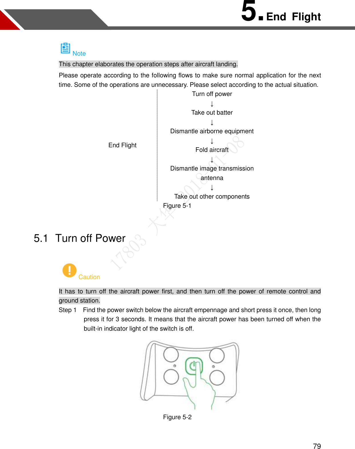  79 5. End  Flight Note This chapter elaborates the operation steps after aircraft landing. Please operate according to the following flows to make sure normal application for the next time. Some of the operations are unnecessary. Please select according to the actual situation. End Flight Turn off power ↓ Take out batter ↓ Dismantle airborne equipment ↓ Fold aircraft ↓ Dismantle image transmission antenna ↓ Take out other components Figure 5-1 5.1  Turn off Power Caution It has  to  turn  off  the  aircraft power first, and then turn off the power of remote control  and ground station.                 Step 1    Find the power switch below the aircraft empennage and short press it once, then long press it for 3 seconds. It means that the aircraft power has been turned off when the built-in indicator light of the switch is off.  Figure 5-2  
