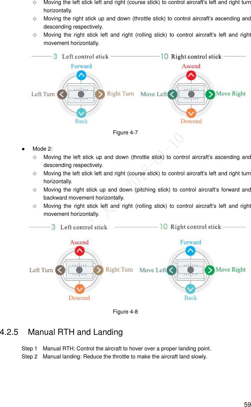  59  Moving the left stick left and right (course stick) to control aircraft’s left and right turn horizontally.  Moving the right stick up and down (throttle stick) to control aircraft’s ascending and descending respectively.  Moving  the  right  stick  left and  right  (rolling  stick)  to  control  aircraft’s  left  and  right movement horizontally.  Figure 4-7   Mode 2:  Moving the left stick up and down (throttle stick) to control aircraft’s ascending and descending respectively.  Moving the left stick left and right (course stick) to control aircraft’s left and right turn horizontally.  Moving the right stick up and down (pitching stick) to control aircraft’s forward and backward movement horizontally.  Moving  the  right  stick  left and  right  (rolling  stick)  to  control  aircraft’s  left  and  right movement horizontally.  Figure 4-8 4.2.5  Manual RTH and Landing                 Step 1    Manual RTH: Control the aircraft to hover over a proper landing point.                 Step 2    Manual landing: Reduce the throttle to make the aircraft land slowly. 