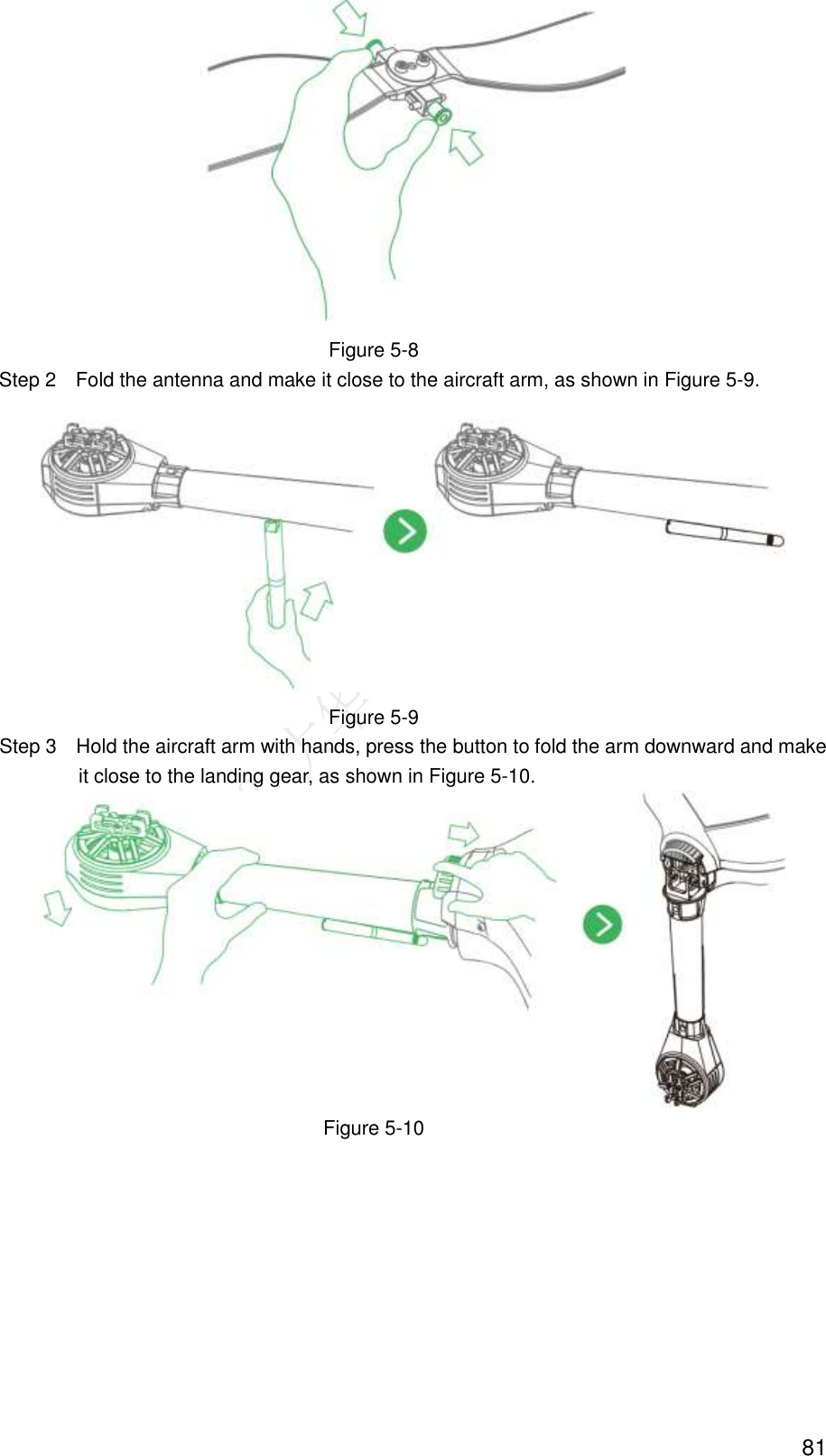  81  Figure 5-8 Step 2    Fold the antenna and make it close to the aircraft arm, as shown in Figure 5-9.  Figure 5-9                 Step 3    Hold the aircraft arm with hands, press the button to fold the arm downward and make it close to the landing gear, as shown in Figure 5-10.  Figure 5-10 