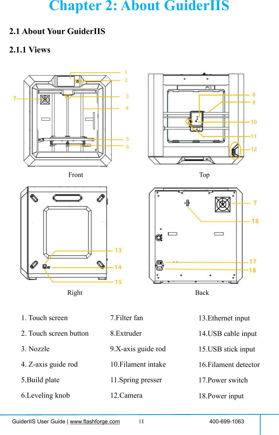GuiderIIS User Guide | www.flashforge.com 400-699-1063Chapter 2: About GuiderIIS2.1 About Your GuiderIIS2.1.1 ViewsFront TopRight Back1. Touch screen2. Touch screen button3. Nozzle4. Z-axis guide rod5.Build plate6.Leveling knob13.Ethernet input14.USB cable input15.USB stick input16.Filament detector17.Power switch18.Power input7.Filter fan8.Extruder9.X-axis guide rod10.Filament intake11.Spring presser12.Camera