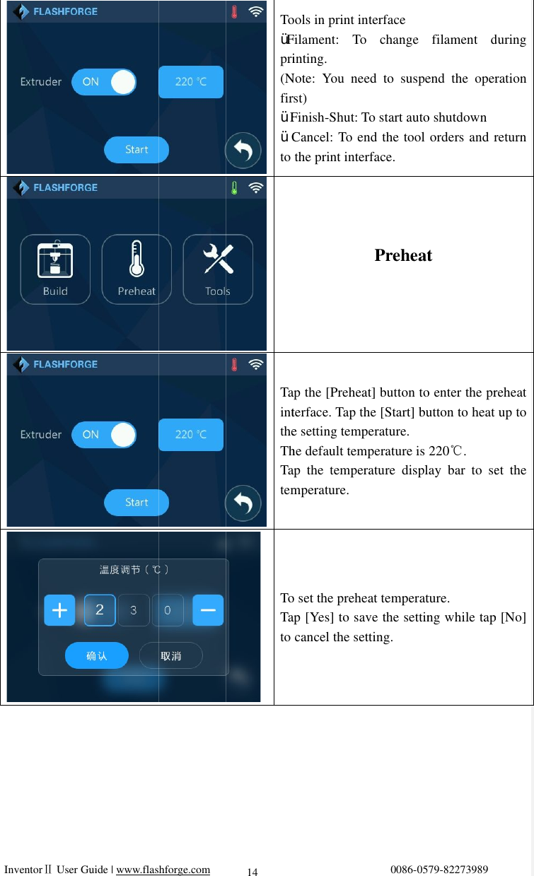   InventorⅡ      InventorⅡ User Guide | User Guide | www.flashforge.comlashforge.com                                                                14  Tools in print interfaceŸFilament: To change filament during printing. (Note: You need to suspend the operation first)Ÿ FinishŸ Cancel: To end the tool orders and to the print interface.  Tap the [Preheat] button to enter the preheat interface. Tap the [Start] button to heat up to the setting temperature.The default temperature is 220.℃Tap the temperature display bar to set the temperature.  To set the preheat temperature. Tap [Yes] to save the setting while tap [No] to cancel the setting.                                 Tools in print interfaceFilament: To change filament during printing.  (Note: You need to suspend the operation first) Finish-Shut: To start auto shutdownCancel: To end the tool orders and to the print interface.Tap the [Preheat] button to enter the preheat interface. Tap the [Start] button to heat up to the setting temperature.The default temperature is 220.℃Tap the temperature display bar to set the temperature.  To set the preheat temperature. Tap [Yes] to save the setting while tap [No] to cancel the setting.                                 0086-0579Tools in print interface Filament: To change filament during (Note: You need to suspend the operation Shut: To start auto shutdownCancel: To end the tool orders and to the print interface. Preheat Tap the [Preheat] button to enter the preheat interface. Tap the [Start] button to heat up to the setting temperature. The default temperature is 220.℃Tap the temperature display bar to set the  To set the preheat temperature. Tap [Yes] to save the setting while tap [No] to cancel the setting.  0579-82273989 Filament: To change filament during (Note: You need to suspend the operation Shut: To start auto shutdown Cancel: To end the tool orders and return Preheat Tap the [Preheat] button to enter the preheat interface. Tap the [Start] button to heat up to The default temperature is 220.℃ Tap the temperature display bar to set the To set the preheat temperature.  Tap [Yes] to save the setting while tap [No]  Filament: To change filament during (Note: You need to suspend the operation  return Tap the [Preheat] button to enter the preheat interface. Tap the [Start] button to heat up to Tap the temperature display bar to set the Tap [Yes] to save the setting while tap [No] 