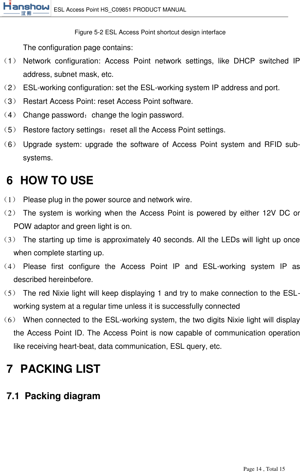    ESL Access Point HS_C09851 PRODUCT MANUAL          Page 14 , Total 15       Figure 5-2 ESL Access Point shortcut design interface   The configuration page contains: （1） Network  configuration:  Access  Point  network  settings,  like  DHCP  switched  IP address, subnet mask, etc. （2） ESL-working configuration: set the ESL-working system IP address and port. （3） Restart Access Point: reset Access Point software. （4） Change password：change the login password. （5） Restore factory settings：reset all the Access Point settings. （6） Upgrade  system:  upgrade  the  software  of  Access  Point  system  and  RFID  sub-systems. 6  HOW TO USE （1） Please plug in the power source and network wire. （2） The  system  is  working when the  Access Point is powered by either 12V DC  or POW adaptor and green light is on. （3） The starting up time is approximately 40 seconds. All the LEDs will light up once when complete starting up. （4） Please  first  configure  the  Access  Point  IP  and  ESL-working  system  IP  as described hereinbefore. （5） The red Nixie light will keep displaying 1 and try to make connection to the ESL-working system at a regular time unless it is successfully connected （6） When connected to the ESL-working system, the two digits Nixie light will display the Access Point ID. The Access Point is now capable of communication operation like receiving heart-beat, data communication, ESL query, etc. 7  PACKING LIST 7.1  Packing diagram 