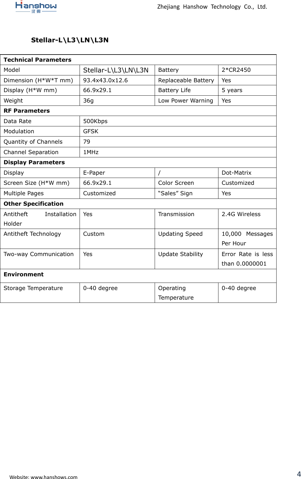  Zhejiang  Hanshow  Technology  Co.,  Ltd.   Website: www.hanshows.com 4  Stellar-L\L3\LN\L3N  Technical Parameters Model Stellar-L\L3\LN\L3N Battery 2*CR2450 Dimension (H*W*T mm) 93.4x43.0x12.6 Replaceable Battery Yes Display (H*W mm) 66.9x29.1 Battery Life 5 years Weight 36g Low Power Warning Yes RF Parameters Data Rate 500Kbps Modulation GFSK Quantity of Channels 79 Channel Separation 1MHz Display Parameters Display E-Paper / Dot-Matrix Screen Size (H*W mm) 66.9x29.1 Color Screen Customized Multiple Pages Customized “Sales” Sign Yes Other Specification Antitheft  Installation Holder Yes Transmission 2.4G Wireless Antitheft Technology Custom Updating Speed 10,000  Messages Per Hour Two-way Communication Yes Update Stability Error  Rate  is  less than 0.0000001 Environment Storage Temperature 0-40 degree Operating Temperature 0-40 degree            