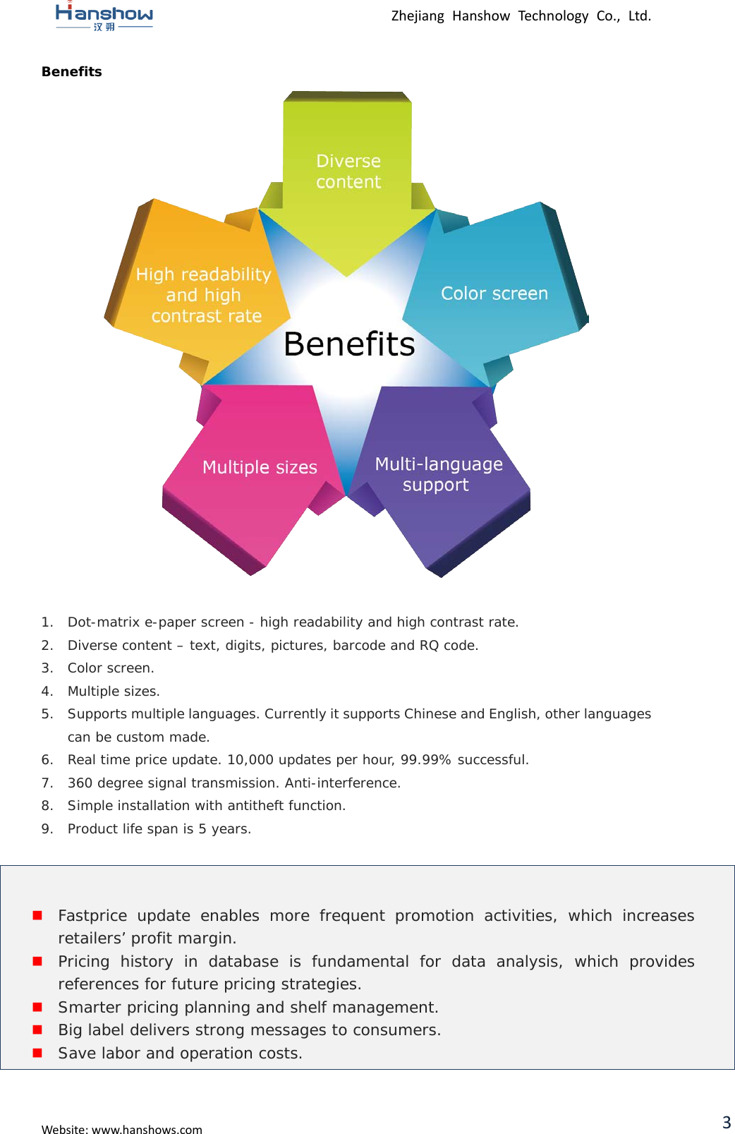  Zhejiang Hanshow Technology Co., Ltd.  Benefits   1. Dot-matrix e-paper screen - high readability and high contrast rate.  2. Diverse content – text, digits, pictures, barcode and RQ code.   3. Color screen.  4. Multiple sizes.  5. Supports multiple languages. Currently it supports Chinese and English, other languages can be custom made.   6. Real time price update. 10,000 updates per hour, 99.99% successful.  7. 360 degree signal transmission. Anti-interference.  8. Simple installation with antitheft function.  9. Product life span is 5 years.            Fastprice update enables more frequent promotion activities, which increases retailers’ profit margin.  Pricing history in database is fundamental for data analysis, which provides references for future pricing strategies.  Smarter pricing planning and shelf management.   Big label delivers strong messages to consumers.  Save labor and operation costs.   Website: www.hanshows.com 3 