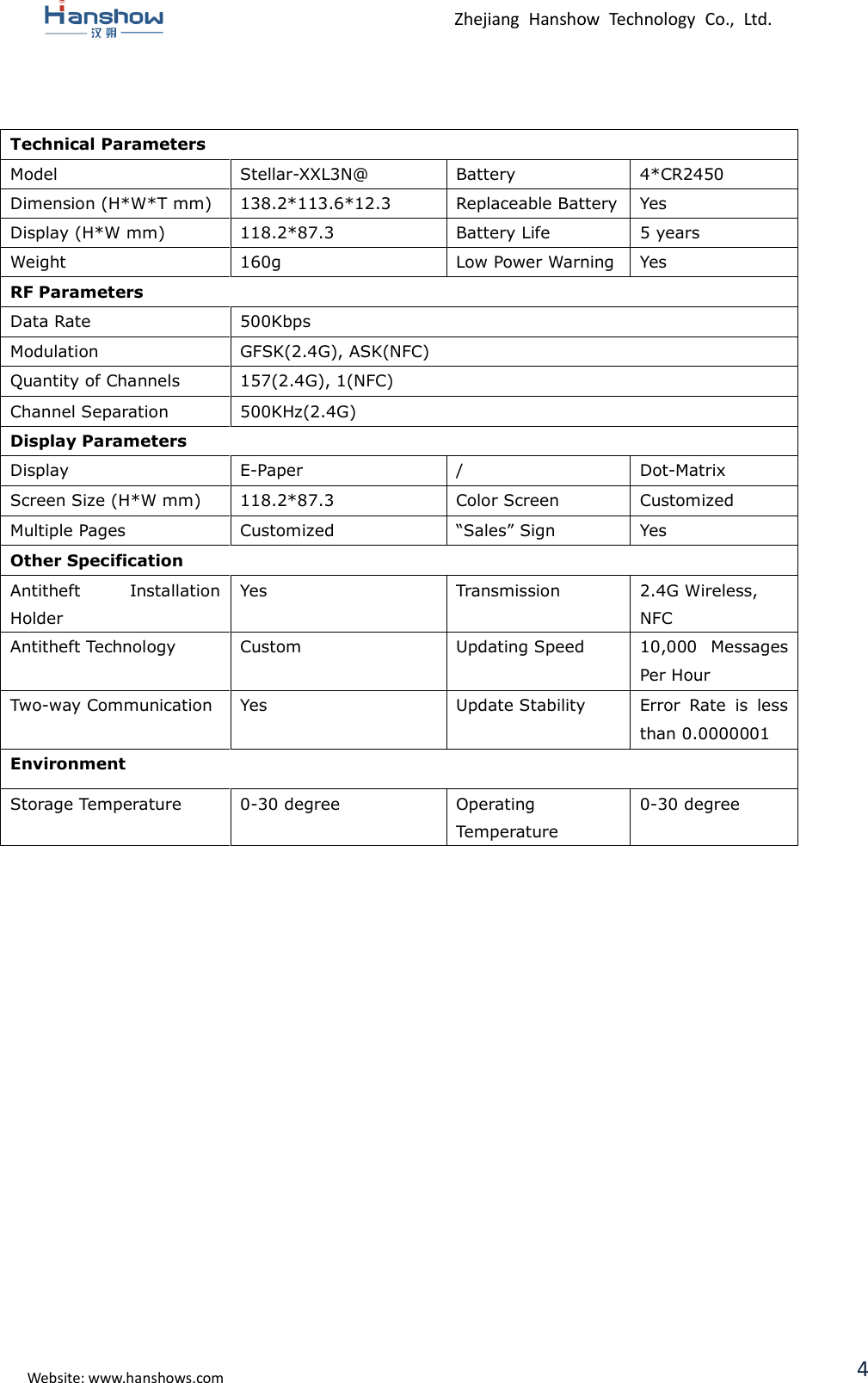  Zhejiang  Hanshow  Technology  Co.,  Ltd.   Website: www.hanshows.com 4   Technical Parameters Model Stellar-XXL3N@ Battery 4*CR2450 Dimension (H*W*T mm) 138.2*113.6*12.3 Replaceable Battery Yes Display (H*W mm) 118.2*87.3 Battery Life 5 years Weight 160g Low Power Warning Yes RF Parameters Data Rate 500Kbps Modulation GFSK(2.4G), ASK(NFC) Quantity of Channels 157(2.4G), 1(NFC) Channel Separation 500KHz(2.4G) Display Parameters Display E-Paper / Dot-Matrix Screen Size (H*W mm) 118.2*87.3 Color Screen Customized Multiple Pages Customized “Sales” Sign Yes Other Specification Antitheft  Installation Holder Yes Transmission 2.4G Wireless, NFC Antitheft Technology Custom Updating Speed 10,000  Messages Per Hour Two-way Communication Yes Update Stability Error  Rate  is  less than 0.0000001 Environment Storage Temperature 0-30 degree Operating Temperature 0-30 degree       