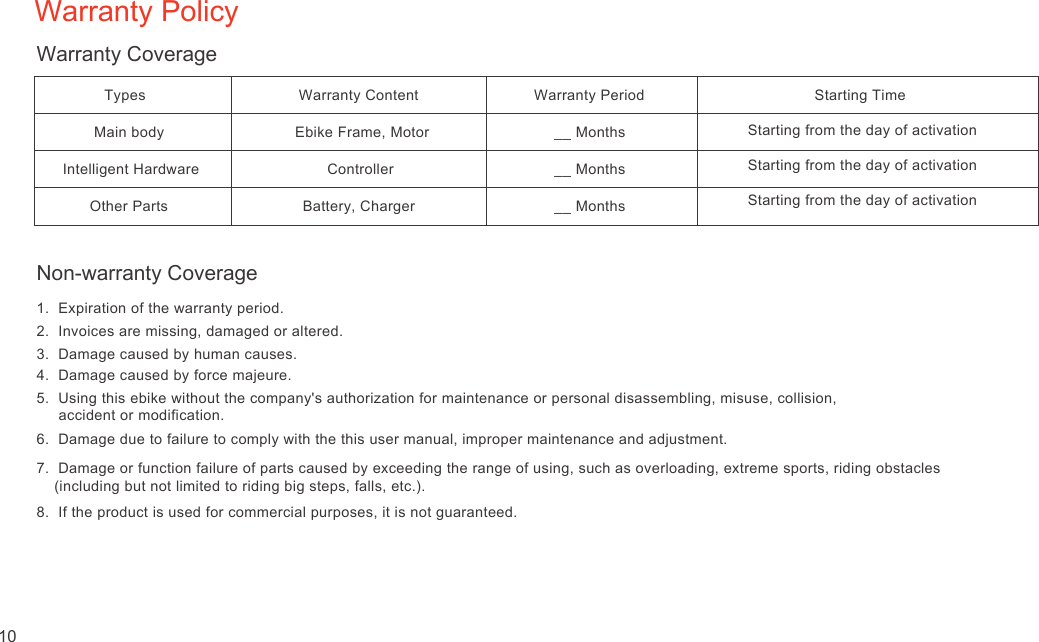 Warranty PolicyNon-warranty Coverage1.  Expiration of the warranty period.2.  Invoices are missing, damaged or altered.3.  Damage caused by human causes.4.  Damage caused by force majeure.5.  Using this ebike without the company&apos;s authorization for maintenance or personal disassembling, misuse, collision,      accident or modification.6.  Damage due to failure to comply with the this user manual, improper maintenance and adjustment.7.  Damage or function failure of parts caused by exceeding the range of using, such as overloading, extreme sports, riding obstacles     (including but not limited to riding big steps, falls, etc.).8.  If the product is used for commercial purposes, it is not guaranteed.Warranty CoverageTypesMain bodyIntelligent HardwareOther PartsWarranty ContentEbike Frame, MotorControllerBattery, ChargerWarranty Period __ Months __ Months __ MonthsStarting TimeStarting from the day of activationStarting from the day of activationStarting from the day of activation10