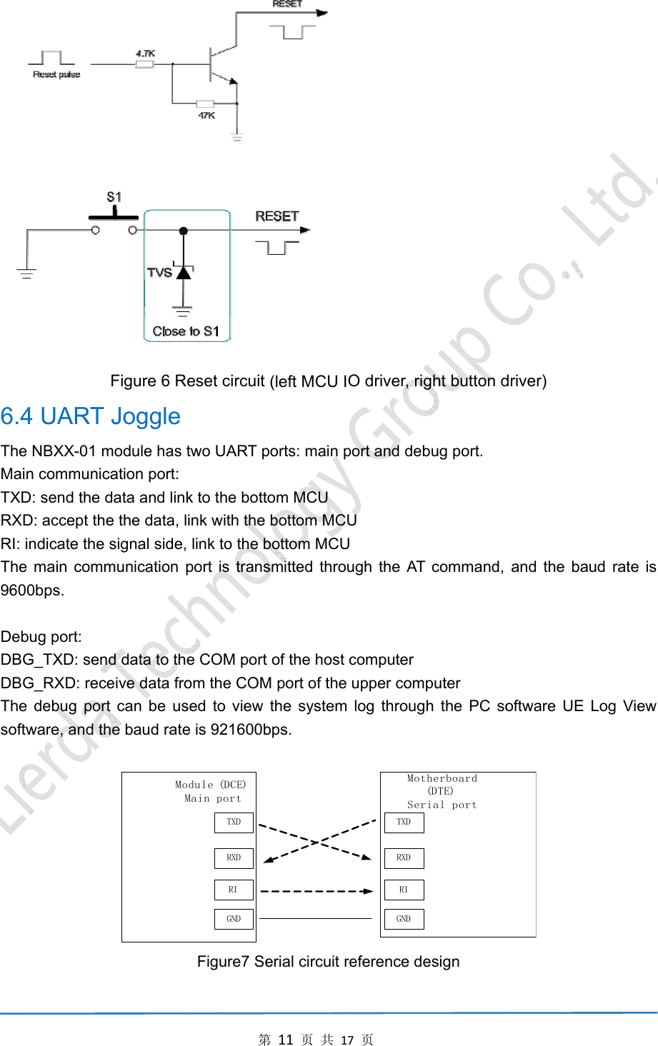 6.4TheMaiTXDRXDRI: iThe960 DebDBGDBGThesoftw4 UART e NBXX-01 mn communicD: send the dD: accept theindicate the e main comm0bps. bug port: G_TXD: senG_RXD: rece debug porware, and th Figure 6 RJoggle module has cation port: data and linke the data, lsignal side,munication pnd data to theive data frot can be ushe baud rateMoM第eset circuit two UART pk to the bottink with the  link to the bport is transe COM portom the COMsed to view e is 921600bTXDRXDRIGNDodule (DCE)Main portFigure7 Se第11页共1 (left MCU Iports: main ptom MCU bottom MCbottom MCUsmitted throt of the host M port of thethe systembps. erial circuit r17页      O driver, rigport and debU U ugh the AT computer upper compm log througTXDRXDRIGNDMotSerreference deght button dbug port. command, puter  h the PC soherboard(DTE)ial portesign driver) and the baoftware UE  aud rate is Log View 