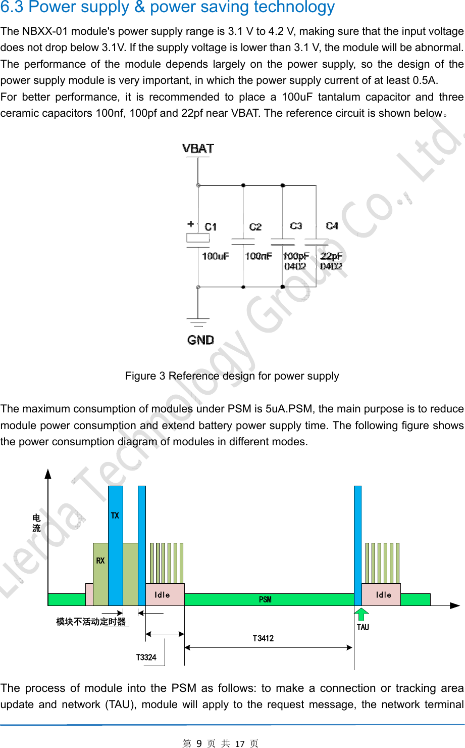 6.3ThedoeThepowFor ceraThemodthe Theupd3 Powere NBXX-01 ms not drop be performancwer supply mbetter perfoamic capacit e maximum cdule power cpower cons模块不电流e process oate and netr supply module's powbelow 3.1V. Ice of the mmodule is verormance, it tors 100nf, 1Fconsumptionconsumptionumption diaTXRX不活动定时器of module intwork (TAU)第&amp; powewer supply rf the supplymodule depery importantis recomm100pf and 22igure 3 Refen of modulesn and extenagram of moIdleT3324nto the PSM), module w第9页共17er savingrange is 3.1 y voltage is loends largelyt, in which thended to p2pf near VBerence desigs under PSMd battery podules in diffeM as followwill apply to 页g technoV to 4.2 V, mower than 3.y on the powhe power sulace a 100uBAT. The refegn for powerM is 5uA.PSower supplyerent modesPSMT3412ws: to makethe requestology   making sure.1 V, the mower supply, pply currentuF tantalumerence circur supply SM, the main time. The fs. Te a connectt message,  e that the inpdule will be so the dest of at least 0m capacitor uit is shown b n purpose isfollowing figuIdleTAUtion or tracthe networput voltage abnormal. sign of the 0.5A. and three below。  to reduce ure shows cking area rk terminal  
