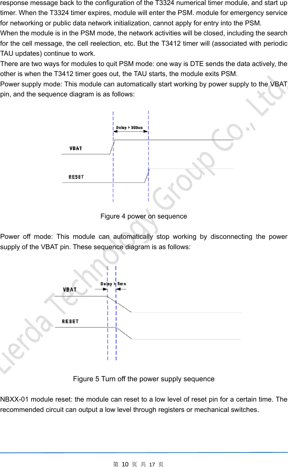 resptimefor nWhefor tTAUTheothePowpin, PowsupNBXrecoponse messer. When thenetworking oen the moduthe cell mesU updates) cere are two wer is when thwer supply mand the seqwer off modply of the VBXX-01 moduommended cage back toe T3324 timeor public datule is in the Pssage, the ccontinue to wways for modhe T3412 timmode: This mquence diagde: This moBAT pin. TheFigule reset: thecircuit can o第o the configuer expires, mta network inPSM mode, ell reelectiowork. dules to quitmer goes oumodule can gram is as foFigureodule can aese sequencgure 5 Turn e module caoutput a low 第10页共1uration of themodule will enitialization, the networkn, etc. But tt PSM modet, the TAU sautomaticalollows: e 4 power o automaticallyce diagram off the pow an reset to alevel throug17页e T3324 numenter the PScannot appk activities whe T3412 tie: one way isstarts, the moly start workn sequencey stop workis as followswer supply sa low level ogh registers omerical timerM. module fly for entry iwill be closedmer will (ass DTE sendsodule exits Pking by powee king by discs: sequence of reset pin for mechanicr module, anfor emergeninto the PSMd, including tsociated wits the data acPSM. er supply to  connecting t for a certain cal switchesnd start up cy service M. the search th periodic ctively, the the VBAT the power time. The s. 