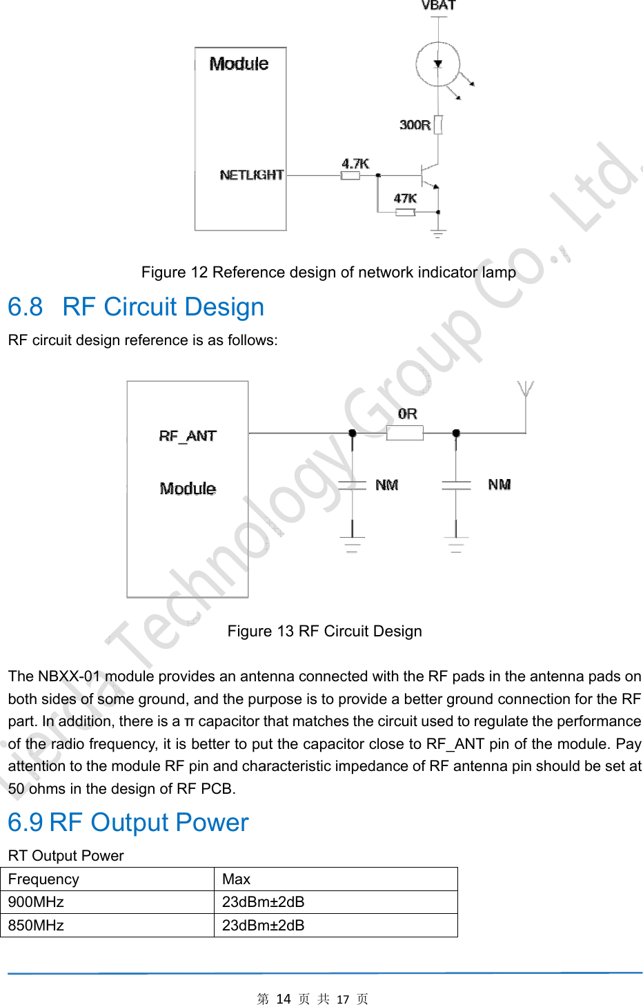 6.8RF cThebothpartof thatte50 o6.9RT OFreq900850 8   RF Ccircuit desige NBXX-01 mh sides of sot. In additionhe radio freqntion to the ohms in the 9 RF OOutput Powquency MHz MHz  Figure Circuit Dgn referencemodule provome ground,, there is a πquency, it is module RF design of Rutput Pwer 第12 ReferenDesigne is as followFigureides an ante, and the puπ capacitor tbetter to pupin and chaF PCB. Power Max 23dBm23dBm第14页共1nce design o ws: e 13 RF Cir enna connecrpose is to pthat matcheut the capacaracteristic imm±2dB m±2dB 17页of network ircuit Designcted with theprovide a bes the circuit citor close tompedance o indicator lamn e RF pads inetter ground used to reguo RF_ANT pof RF antennmp  n the antennconnection ulate the pepin of the mona pin shouldna pads on for the RF rformance odule. Pay d be set at 