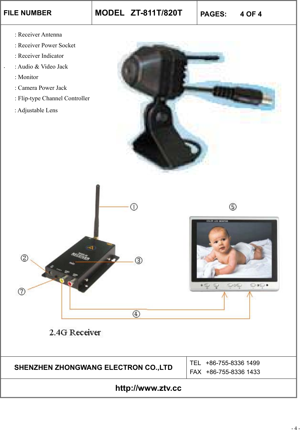 - 4 - FILE NUMBER  MODELZT-811T/820T  PAGES:    4 OF 4     .     SHENZHEN ZHONGWANG ELECTRON CO.,LTD  TEL+86-755-8336 1499 FAX+86-755-8336 1433 http://www.ztv.cc   : Receiver Antenna : Receiver Power Socket : Receiver Indicator : Audio &amp; Video Jack : Monitor : Camera Power Jack : Flip-type Channel Controller : Adjustable Lens 