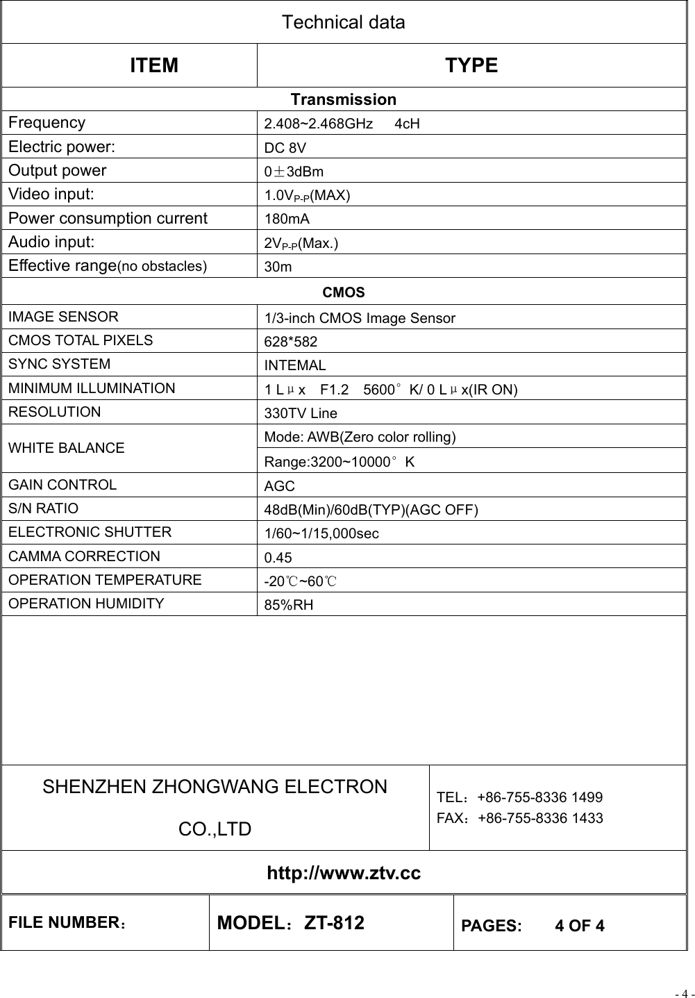 - 4 - Technical data ITEM TYPE Transmission Frequency  2.408~2.468GHz   4cH Electric power:    DC 8V Output power  0±3dBm Video input:  1.0VP-P(MAX) Power consumption current    180mA Audio input:  2VP-P(Max.) Effective range(no obstacles) 30m CMOS IMAGE SENSOR  1/3-inch CMOS Image Sensor CMOS TOTAL PIXELS  628*582 SYNC SYSTEM  INTEMAL MINIMUM ILLUMINATION  1 Lμx  F1.2  5600°K/ 0 Lμx(IR ON) RESOLUTION  330TV Line Mode: AWB(Zero color rolling) WHITE BALANCE Range:3200~10000°K GAIN CONTROL  AGC S/N RATIO  48dB(Min)/60dB(TYP)(AGC OFF) ELECTRONIC SHUTTER  1/60~1/15,000sec CAMMA CORRECTION  0.45 OPERATION TEMPERATURE  -20℃~60℃ OPERATION HUMIDITY  85%RH        SHENZHEN ZHONGWANG ELECTRON CO.,LTD TEL：+86-755-8336 1499 FAX：+86-755-8336 1433 http://www.ztv.cc FILE NUMBER： MODEL：ZT-812  PAGES:    4 OF 4 