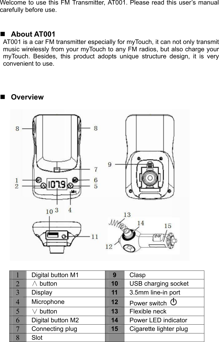  Welcome to use this FM Transmitter, AT001. Please read this user’s manual carefully before use.    About AT001 AT001 is a car FM transmitter especially for myTouch, it can not only transmit music wirelessly from your myTouch to any FM radios, but also charge your myTouch. Besides, this product adopts unique structure design, it is very convenient to use.     Overview       1  Digital button M1  9  Clasp 2  ∧ button  10  USB charging socket 3  Display  11  3.5mm line-in port 4  Microphone  12  Power switch   5  ∨ button  13  Flexible neck 6  Digital button M2  14  Power LED indicator 7  Connecting plug  15  Cigarette lighter plug 8  Slot     