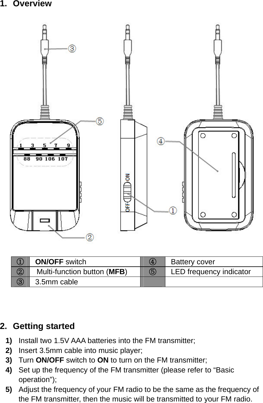  1. Overview   ① ON/OFF switch  ④ Battery cover ②   Multi-function button (MFB)  ⑤ LED frequency indicator ③ 3.5mm cable       2. Getting started 1)  Install two 1.5V AAA batteries into the FM transmitter; 2)  Insert 3.5mm cable into music player; 3)  Turn ON/OFF switch to ON to turn on the FM transmitter; 4)  Set up the frequency of the FM transmitter (please refer to “Basic operation”); 5)  Adjust the frequency of your FM radio to be the same as the frequency of the FM transmitter, then the music will be transmitted to your FM radio.  