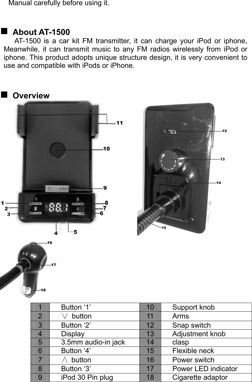 Manual carefully before using it.    About AT-1500 AT-1500 is a car kit FM transmitter, it can charge your iPod or iphone, Meanwhile, it can transmit music to any FM radios wirelessly from iPod or iphone. This product adopts unique structure design, it is very convenient to use and compatible with iPods or iPhone.    Overview   1 Button ‘1’  10 Support knob 2 ∨ button  11 Arms 3 Button ‘2’  12 Snap switch 4 Display  13 Adjustment knob 5  3.5mm audio-in jack  14 clasp 6 Button ‘4’  15 Flexible neck 7  ∧ button  16 Power switch 8 Button ‘3’  17  Power LED indicator 9  iPod 30 Pin plug  18 Cigarette adaptor    