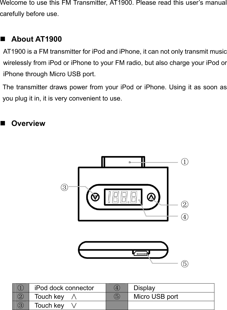  Welcome to use this FM Transmitter, AT1900. Please read this user’s manual carefully before use.   About AT1900 AT1900 is a FM transmitter for iPod and iPhone, it can not only transmit music wirelessly from iPod or iPhone to your FM radio, but also charge your iPod or iPhone through Micro USB port. The transmitter draws power from your iPod or iPhone. Using it as soon as you plug it in, it is very convenient to use.   Overview    ① iPod dock connector  ④ Display ② Touch key  ∧ ⑤ Micro USB port ③ Touch key  ∨       ① ② ③ ④ ⑤ 