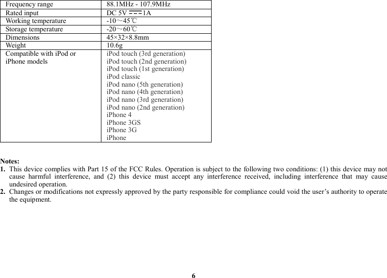 Frequency range  88.1MHz - 107.9MHz Rated input  DC 5V 1A Working temperature  -10～45℃ Storage temperature  -20～60℃ Dimensions  45×32×8.8mm Weight  10.6g Compatible with iPod or iPhone models iPod touch (3rd generation)   iPod touch (2nd generation)   iPod touch (1st generation)   iPod classic   iPod nano (5th generation)   iPod nano (4th generation)   iPod nano (3rd generation)   iPod nano (2nd generation)   iPhone 4 iPhone 3GS   iPhone 3G   iPhone     Notes: 1. This device complies with Part 15 of the FCC Rules. Operation is subject to the following two conditions: (1) this device may not cause  harmful  interference,  and  (2)  this  device  must  accept  any  interference  received,  including  interference  that  may  cause undesired operation. 2. Changes or modifications not expressly approved by the party responsible for compliance could void the user’s authority to operate the equipment.          6 
