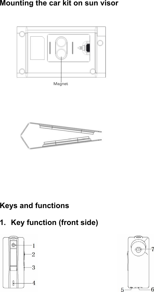 Mounting the car kit on sun visor     Keys and functions 1.  Key function (front side)                               