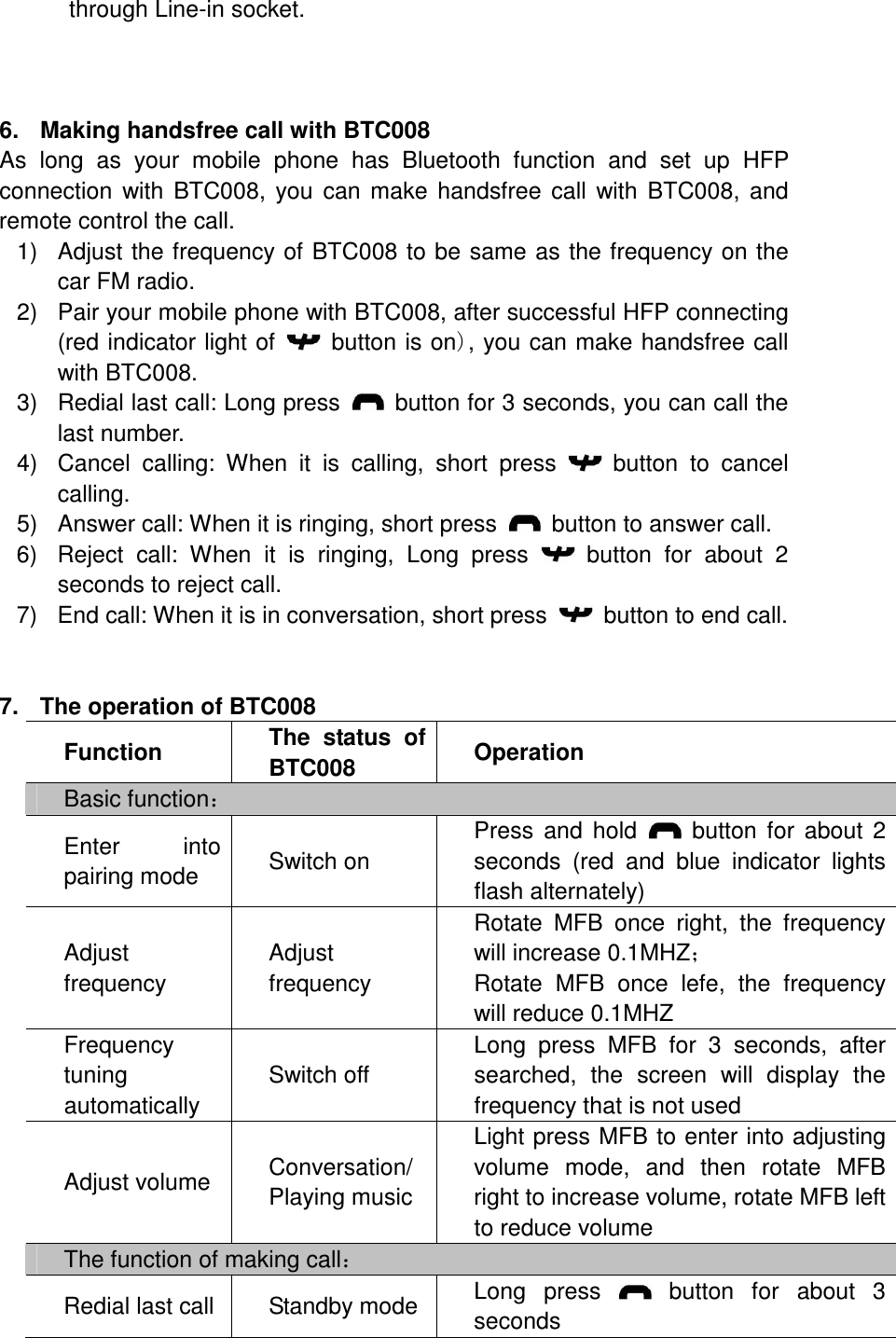 through Line-in socket.            6.  Making handsfree call with BTC008 As  long  as  your  mobile  phone  has  Bluetooth  function  and  set  up  HFP connection  with BTC008, you  can make  handsfree call  with  BTC008, and remote control the call. 1)  Adjust the frequency of BTC008 to be same as the frequency on the car FM radio. 2)  Pair your mobile phone with BTC008, after successful HFP connecting (red indicator light of    button is on, you can make handsfree call with BTC008. 3)  Redial last call: Long press    button for 3 seconds, you can call the last number. 4)  Cancel  calling:  When  it  is  calling,  short  press    button  to  cancel calling. 5)  Answer call: When it is ringing, short press    button to answer call. 6)  Reject  call:  When  it  is  ringing,  Long  press    button  for  about  2 seconds to reject call. 7)  End call: When it is in conversation, short press    button to end call.   7.  The operation of BTC008 Function  The  status  of BTC008  Operation Basic function˖ Enter  into pairing mode  Switch on Press  and hold    button for  about  2 seconds  (red  and  blue  indicator  lights flash alternately) Adjust frequency Adjust frequency Rotate  MFB  once  right,  the  frequency will increase 0.1MHZ˗ Rotate  MFB  once  lefe,  the  frequency will reduce 0.1MHZ Frequency tuning automatically Switch off Long  press  MFB  for  3  seconds,  after searched,  the  screen  will  display  the frequency that is not used Adjust volume  Conversation/Playing music Light press MFB to enter into adjusting volume  mode,  and  then  rotate  MFB right to increase volume, rotate MFB left to reduce volume The function of making call˖ Redial last call Standby mode  Long  press    button  for  about  3 seconds 