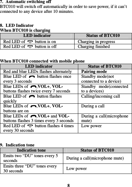  7. Automatic switching off BTC010 will switch off automatically in order to save power, if it can’t connected to any device after 10 minutes.   8. LED Indicator When BTC010 is charging LED indicator  Status of BTC010 Red LED of    button is on Charging in progress Red LED of    button is off Charging finished   When BTC010 connected with mobile phone LED indicator  Status of BTC010 Red and blue LEDs flashes alternately  Pairing mode Blue LED of    button flashes once every 3 seconds Standby mode(not connected to a device) Blue LEDs of  ,VOL+, VOL- buttons flashes twice every 7 seconds Standby  mode(connected to a devices) Blue LED of    button flashes quickly Calling/incoming call Blue LEDs of  ,VOL+, VOL- buttons are on During a call Blue LEDs of  ,VOL+ and VOL- buttons flashes 3 times every 3 seconds During a  call(microphone mute) Red LED of    button flashes 4 times every 30 seconds Low power   9. Indication tone Indication tone  Status of BTC010 Emits two “DU” tones every 5 seconds  During a call(microphone mute) Emits three “DU” tones every 30 seconds  Low power   8 