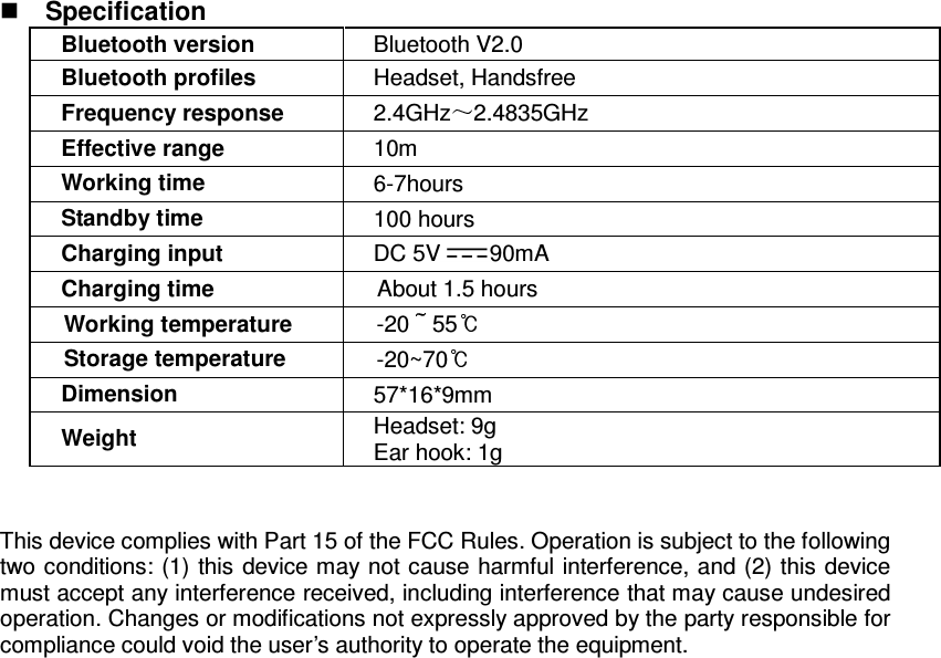      Specification Bluetooth version  Bluetooth V2.0 Bluetooth profiles  Headset, Handsfree Frequency response  2.4GHz 2.4835GHz Effective range  10m Working time  6-7hours Standby time  100 hours Charging input  DC 5V 90mA Charging time  About 1.5 hours Working temperature  -20 55  Storage temperature  -20~70  Dimension  57*16*9mm Weight  Headset: 9g Ear hook: 1g   This device complies with Part 15 of the FCC Rules. Operation is subject to the following two conditions: (1)  this device may not cause harmful interference, and (2) this device must accept any interference received, including interference that may cause undesired operation. Changes or modifications not expressly approved by the party responsible for compliance could void the user’s authority to operate the equipment.  