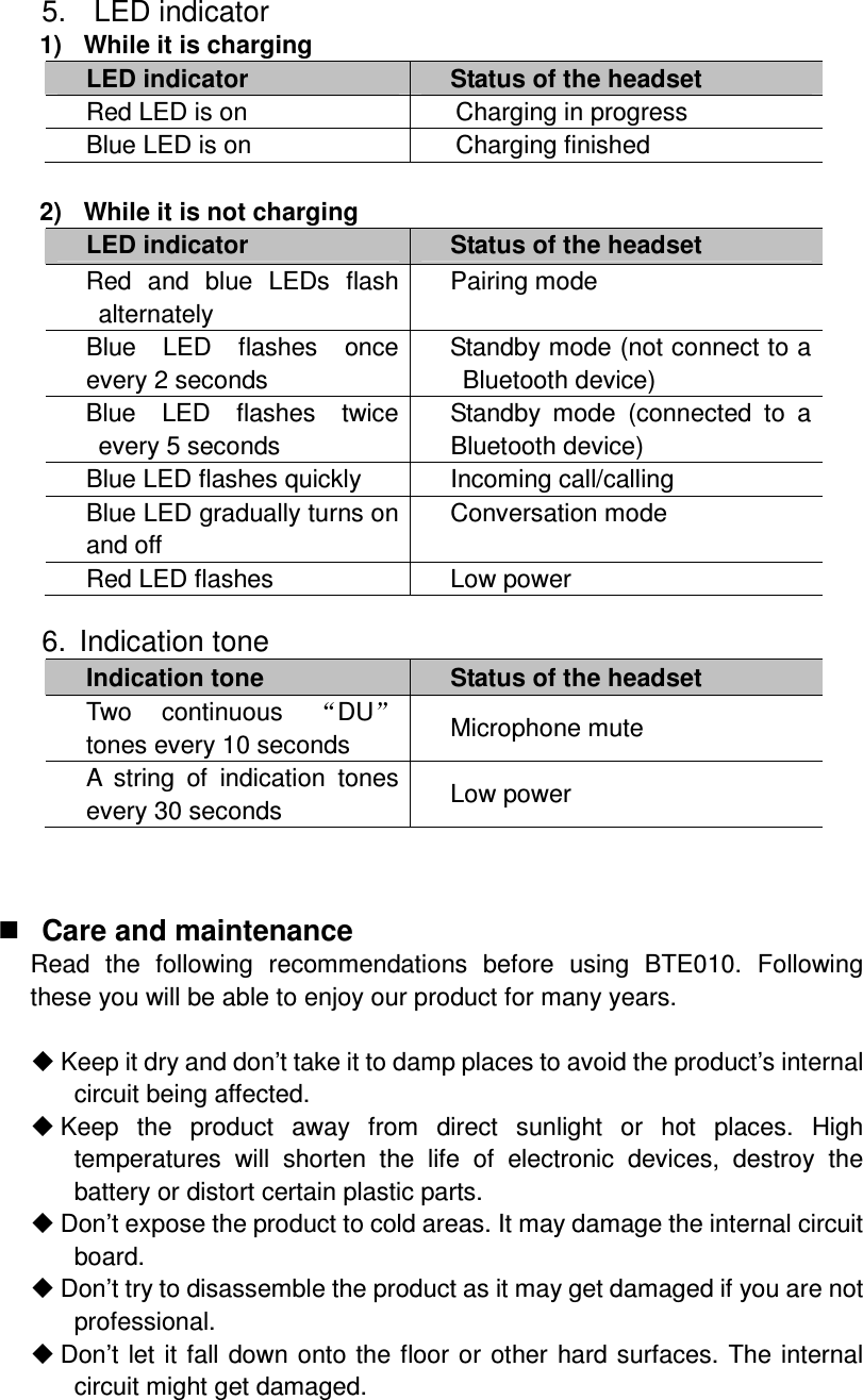  5.    LED indicator 1)  While it is charging LED indicator  Status of the headset Red LED is on  Charging in progress Blue LED is on  Charging finished  2)  While it is not charging LED indicator  Status of the headset Red  and  blue  LEDs  flash alternately Pairing mode Blue  LED  flashes  once every 2 seconds Standby mode (not connect to a Bluetooth device) Blue  LED  flashes  twice every 5 seconds Standby  mode  (connected  to  a Bluetooth device) Blue LED flashes quickly  Incoming call/calling Blue LED gradually turns on and off Conversation mode Red LED flashes  Low power  6.  Indication tone Indication tone  Status of the headset Two  continuous  DU  tones every 10 seconds  Microphone mute A  string  of  indication  tones every 30 seconds  Low power     Care and maintenance Read  the  following  recommendations  before  using  BTE010.  Following these you will be able to enjoy our product for many years.   Keep it dry and don’t take it to damp places to avoid the product’s internal circuit being affected.  Keep  the  product  away  from  direct  sunlight  or  hot  places.  High temperatures  will  shorten  the  life  of  electronic  devices,  destroy  the battery or distort certain plastic parts.  Don’t expose the product to cold areas. It may damage the internal circuit board.  Don’t try to disassemble the product as it may get damaged if you are not professional.  Don’t let it fall down onto the floor or other hard surfaces. The internal circuit might get damaged. 