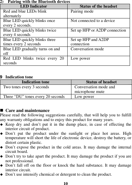 2)    Pairing with the Bluetooth devices   LED Indicator  Status of the headset Red and blue LEDs blink alternately  Pairing mode Blue LED quickly blinks once every 2 seconds.  Not connected to a device Blue LED quickly blinks twice every 4 seconds  Set up HFP or A2DP connection Blue LED quickly blinks three times every 2 seconds  Set up HFP and A2DP connection Blue LED gradually turns on and off  Conversation mode Red  LED  blinks  twice  every  20 seconds  Low power   9  Indication tone Indication tone  Status of headset Two tones every 3 seconds  Conversation mode and microphone mute Three “DU” tones every 20 seconds  Low power    Care and maintenance Please read the following suggestions carefully, that will help you to fulfill any warranty obligations and to enjoy this product for many years.  Keep  dry  and  don’t  put  it  in  the  dump  place,  in  case  of  effecting  the interior circuit of product.  Don’t  put  the  product  under  the  sunlight  or  place  hot  areas.  High temperature will short the life of electronic device, destroy the battery, or distort certain plastic.  Don’t expose the product  in the cold areas. It may damage  the  internal circuit board.  Don’t try to take apart the product. It may damage the product if you are not professional.  Don’t fall off on the floor or knock the  hard substance. It may damage interior circuit.  Don’t use intensify chemical or detergent to clean the product.  10 