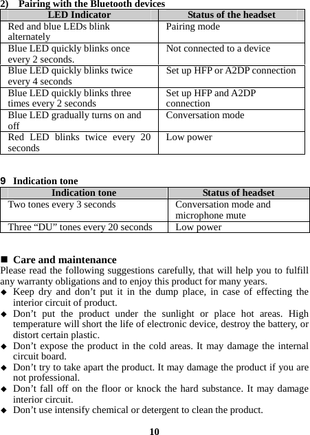 2)    Pairing with the Bluetooth devices   LED Indicator Status of the headsetRed and blue LEDs blink alternately Pairing modeBlue LED quickly blinks onceevery 2 seconds. Not connected to a deviceBlue LED quickly blinks twice every 4 seconds  Set up HFP or A2DP connectionBlue LED quickly blinks threetimes every 2 seconds Set up HFP and A2DPconnectionBlue LED gradually turns on and off  Conversation modeRed LED blinks twice every 20 seconds  Low power  9  Indication tone Indication tone Status of headsetTwo tones every 3 seconds Conversation mode and microphone muteThree “DU” tones every 20 seconds Low power   Care and maintenance Please read the following suggestions carefully, that will help you to fulfill any warranty obligations and to enjoy this product for many years.  Keep dry and don’t put it in the dump place, in case of effecting the interior circuit of product.  Don’t put the product under the sunlight or place hot areas. High temperature will short the life of electronic device, destroy the battery, or distort certain plastic.  Don’t expose the product in the cold areas. It may damage the internal circuit board.  Don’t try to take apart the product. It may damage the product if you are not professional.  Don’t fall off on the floor or knock the hard substance. It may damage interior circuit.  Don’t use intensify chemical or detergent to clean the product.  10 