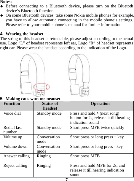 Notes:  Before connecting to a Bluetooth device, please turn on the Bluetoth device’s Bluetooth function.  On some Bluetooth devices, take some Nokia mobile phones for example, you have to allow automatic connecting in the mobile phone’s settings. Please refer to your mobile phone’s manual for further information.  4  Wearing the headset The string of this headset is retractable, please adjust according to the actual use. Logo “L” of headset represents left ear, Logo “R” of headset represents right ear. Please wear the headset according to the indication of the Logo.           5  Making calls with the headset Function  Status of headset OperationVoice dial  Standby mode Press and hold &gt;(next song) button for 2s, release it till hearing indication soundRedial last number Standby mode Short press MFB twice quicklyVolume up  Conversation mode Short press or long press + keyVolume down  Conversation mode Short press or long press - keyAnswer calling  Ringing Short press MFBReject calling  Ringing  Press and hold MFB for 2s, and release it till hearing indication sound7  