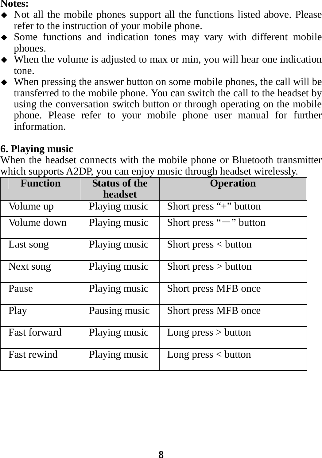 Notes:  Not all the mobile phones support all the functions listed above. Please refer to the instruction of your mobile phone.  Some functions and indication tones may vary with different mobile phones.  When the volume is adjusted to max or min, you will hear one indication tone.  When pressing the answer button on some mobile phones, the call will be transferred to the mobile phone. You can switch the call to the headset by using the conversation switch button or through operating on the mobile phone. Please refer to your mobile phone user manual for further information.  6. Playing music When the headset connects with the mobile phone or Bluetooth transmitter which supports A2DP, you can enjoy music through headset wirelessly. Function  Status of the headset  Operation Volume up  Playing music Short press “+” button Volume down  Playing music Short press “－” button Last song  Playing music Short press &lt; button Next song  Playing music Short press &gt; button Pause    Playing music Short press MFB once Play    Pausing music Short press MFB once Fast forward  Playing music Long press &gt; button Fast rewind  Playing music Long press &lt; button        8 