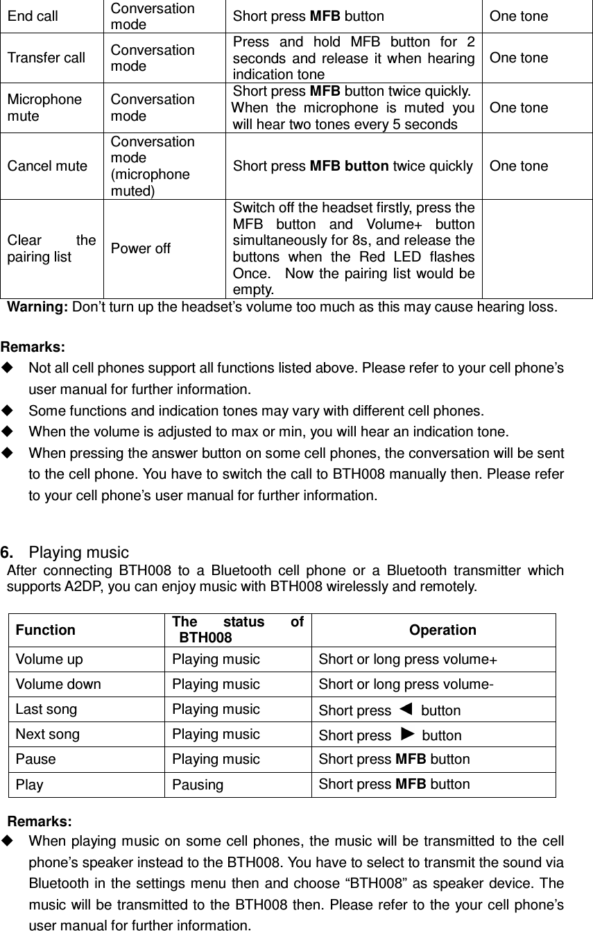 End call  Conversation mode  Short press MFB button  One tone Transfer call  Conversation mode Press  and  hold  MFB  button  for  2 seconds  and  release it when  hearing indication tone One tone Microphone mute Conversation mode Short press MFB button twice quickly. When  the  microphone  is  muted  you will hear two tones every 5 seconds One tone Cancel mute Conversation mode (microphone muted) Short press MFB button twice quickly One tone Clear  the pairing list  Power off Switch off the headset firstly, press the MFB  button  and  Volume+  button simultaneously for 8s, and release the buttons  when  the  Red  LED  flashes Once.    Now the  pairing list would be empty.  Warning: Don’t turn up the headset’s volume too much as this may cause hearing loss.  Remarks:   Not all cell phones support all functions listed above. Please refer to your cell phone’s user manual for further information.   Some functions and indication tones may vary with different cell phones.   When the volume is adjusted to max or min, you will hear an indication tone.   When pressing the answer button on some cell phones, the conversation will be sent to the cell phone. You have to switch the call to BTH008 manually then. Please refer to your cell phone’s user manual for further information.   6.  Playing music After  connecting  BTH008  to  a  Bluetooth  cell  phone  or  a  Bluetooth  transmitter  which supports A2DP, you can enjoy music with BTH008 wirelessly and remotely.   Remarks:   When playing music on some cell phones, the music will be transmitted to the cell phone’s speaker instead to the BTH008. You have to select to transmit the sound via Bluetooth in the settings menu then and choose “BTH008” as speaker device. The music will be transmitted to the BTH008 then. Please refer to the your cell phone’s user manual for further information. Function  The  status  of BTH008  Operation Volume up  Playing music  Short or long press volume+ Volume down  Playing music  Short or long press volume- Last song  Playing music  Short press    button Next song  Playing music  Short press    button Pause  Playing music  Short press MFB button   Play  Pausing  Short press MFB button 