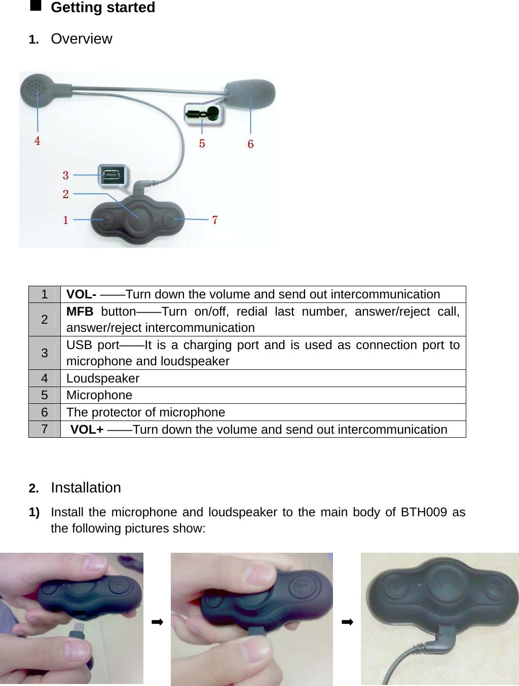   Getting started 1.  Overview               1  VOL- ——Turn down the volume and send out intercommunication 2  MFB  button——Turn on/off, redial last number, answer/reject call, answer/reject intercommunication 3  USB port——It is a charging port and is used as connection port to microphone and loudspeaker 4 Loudspeaker 5 Microphone 6  The protector of microphone 7  VOL+ ——Turn down the volume and send out intercommunication   2.  Installation 1)  Install the microphone and loudspeaker to the main body of BTH009 as the following pictures show:           